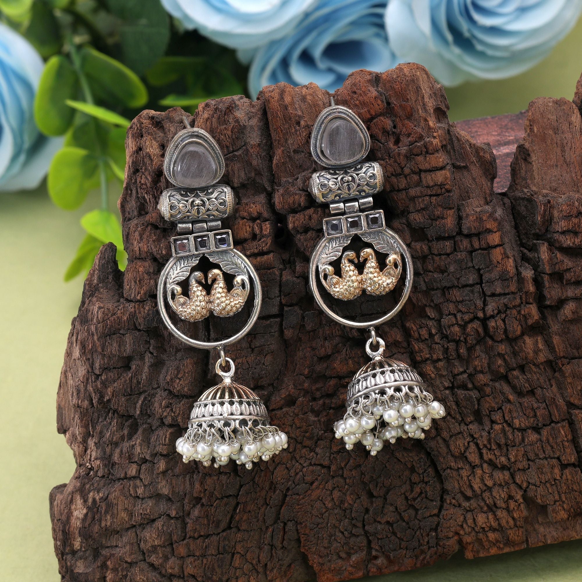 Gold & Silver Color Dual Tone Oxidised Earrings