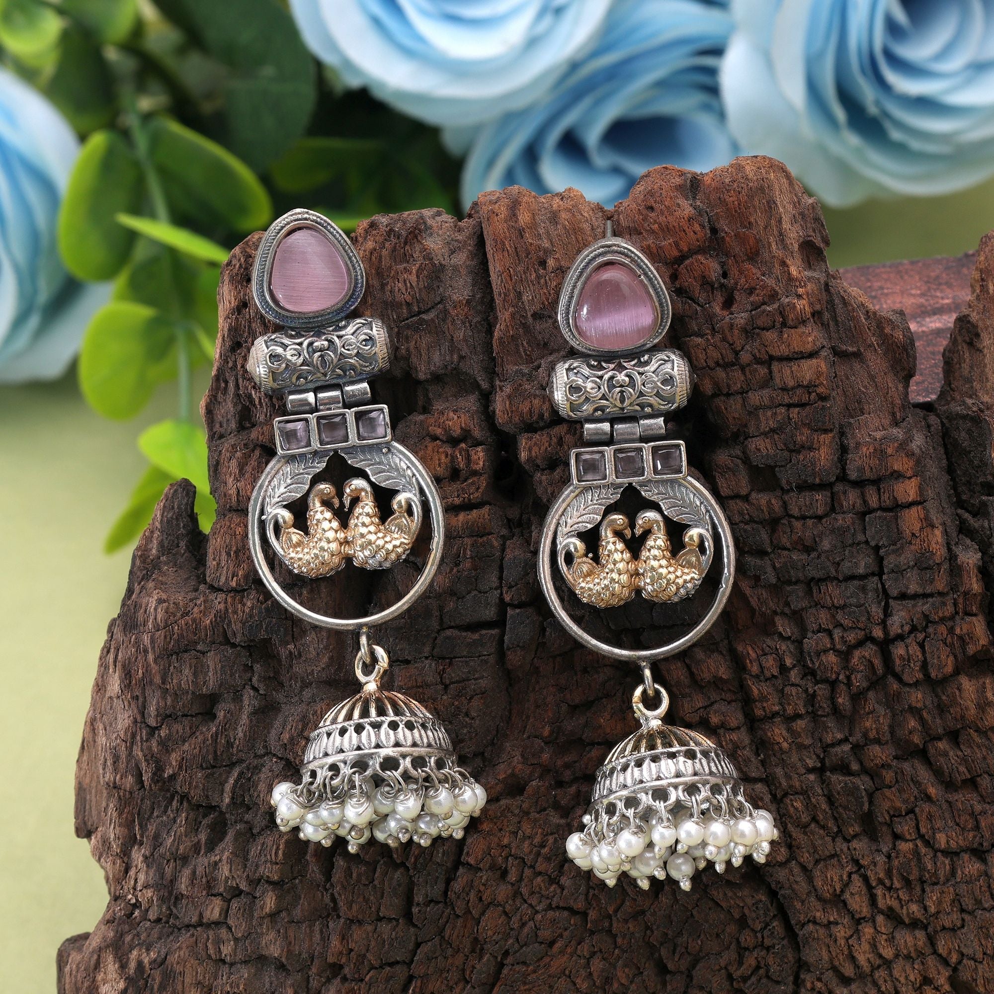 Light Pink Color Dual Tone Oxidised Earrings