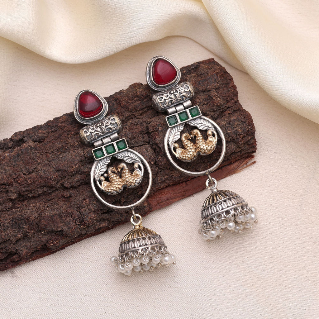 Maroon & Green Color Dual Tone Oxidised Earrings