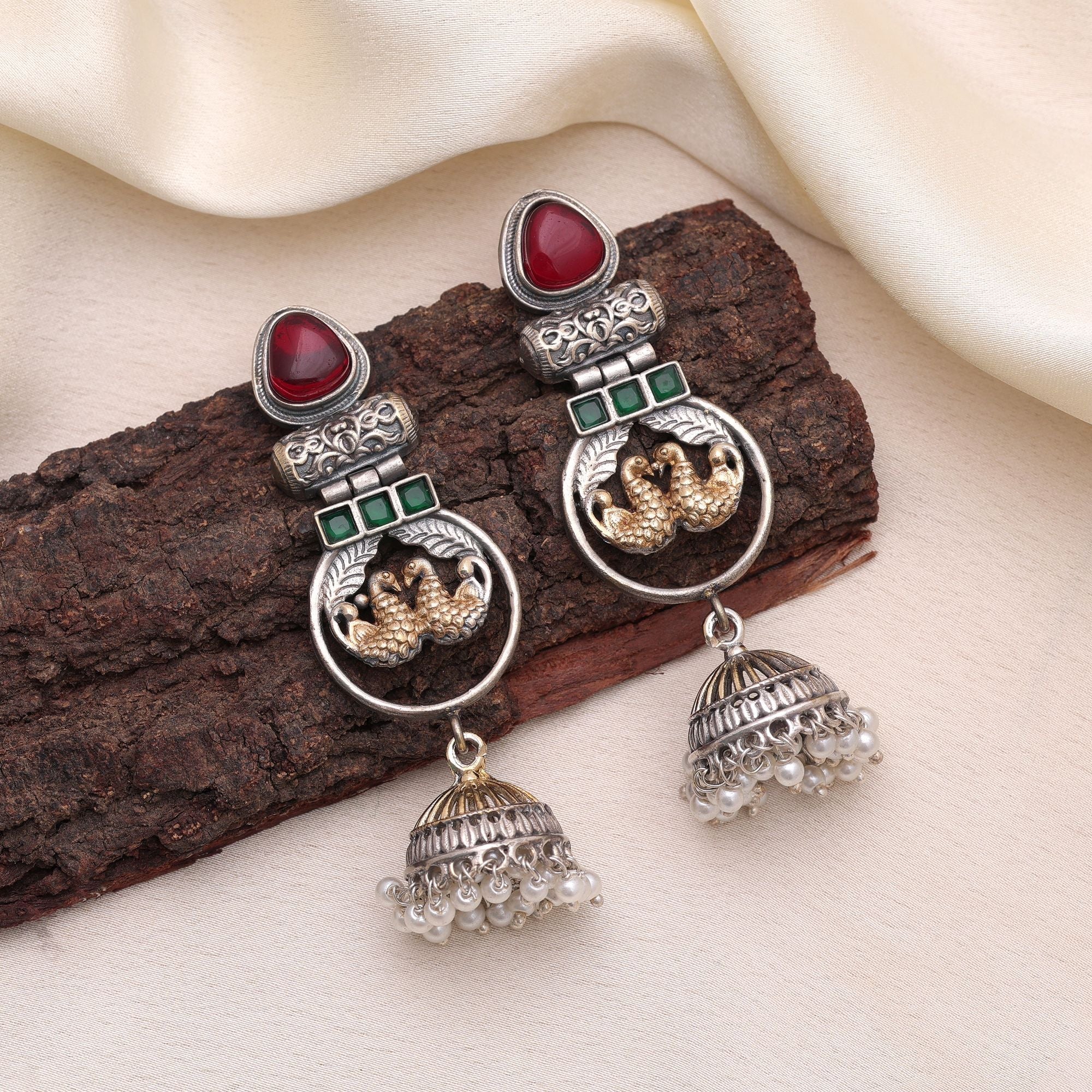 Maroon & Green Color Dual Tone Oxidised Earrings