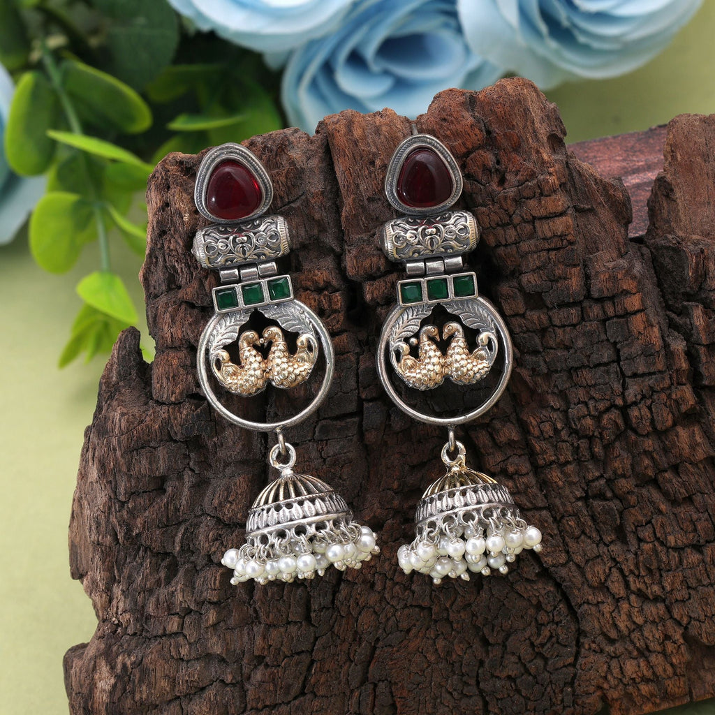Maroon & Green Color Dual Tone Oxidised Earrings