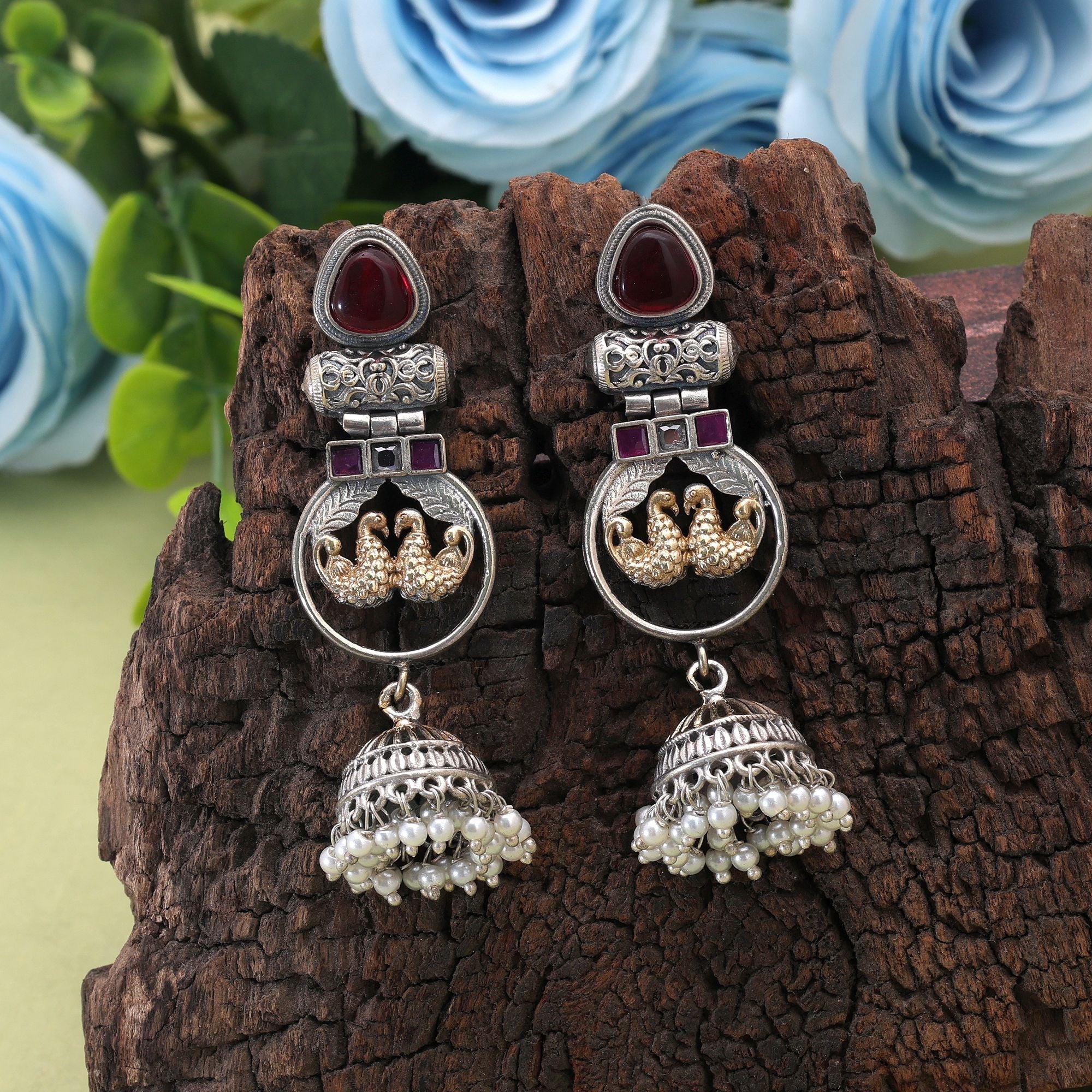 Maroon Color Dual Tone Oxidised Earrings