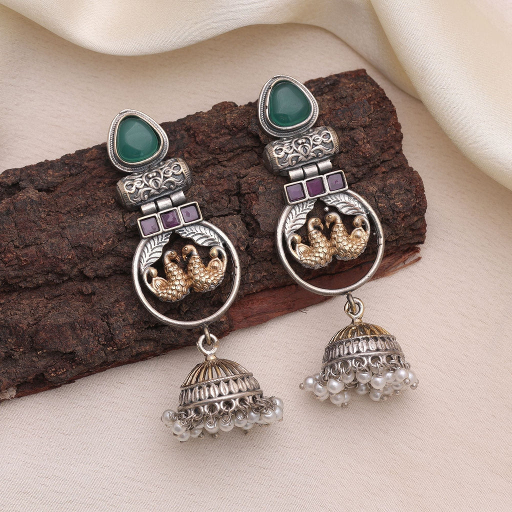Rani & Green Color Dual Tone Oxidised Earrings