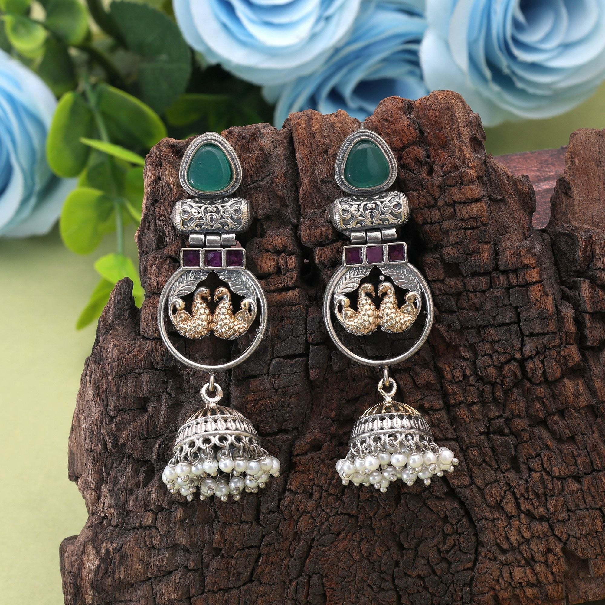 Rani & Green Color Dual Tone Oxidised Earrings