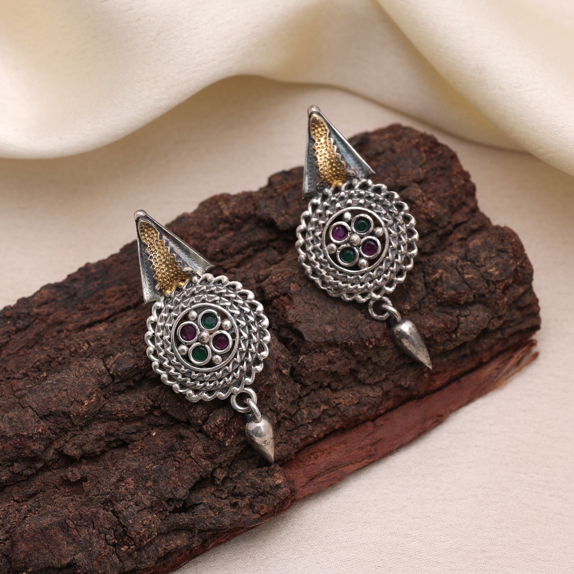 Rani & Green Color Dual Tone Oxidised Earrings