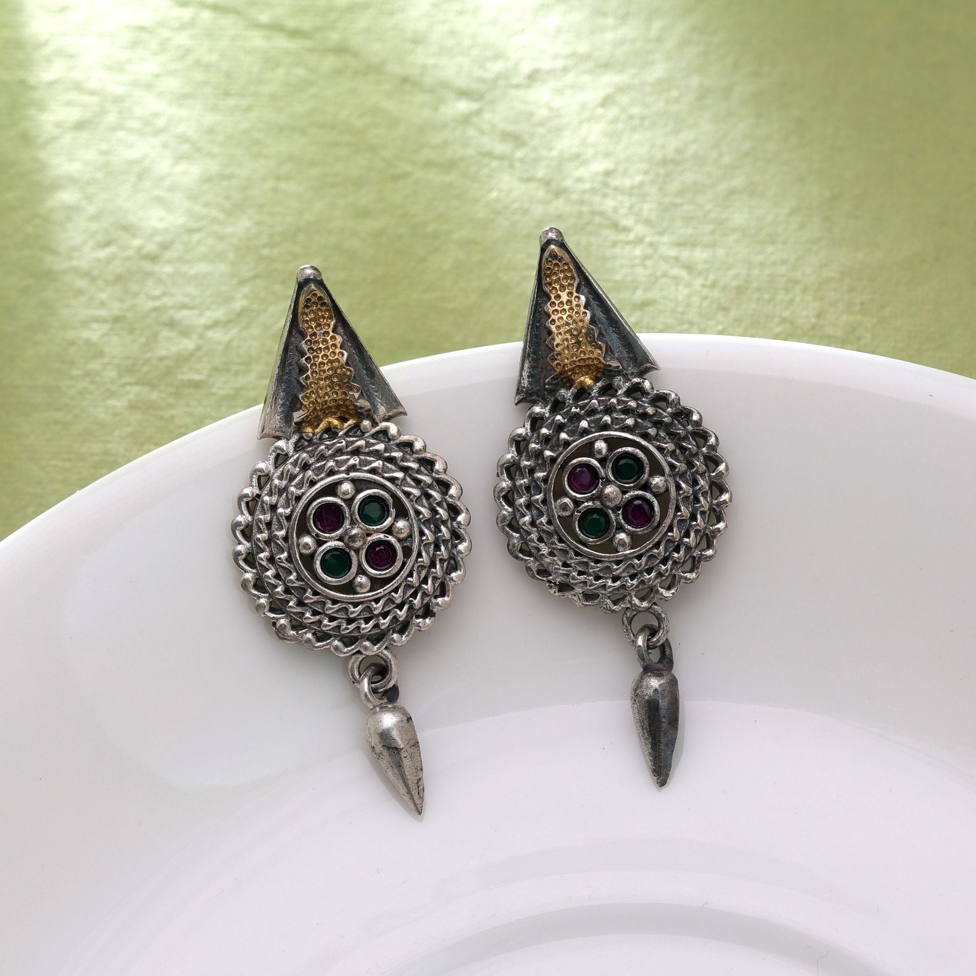 Rani & Green Color Dual Tone Oxidised Earrings
