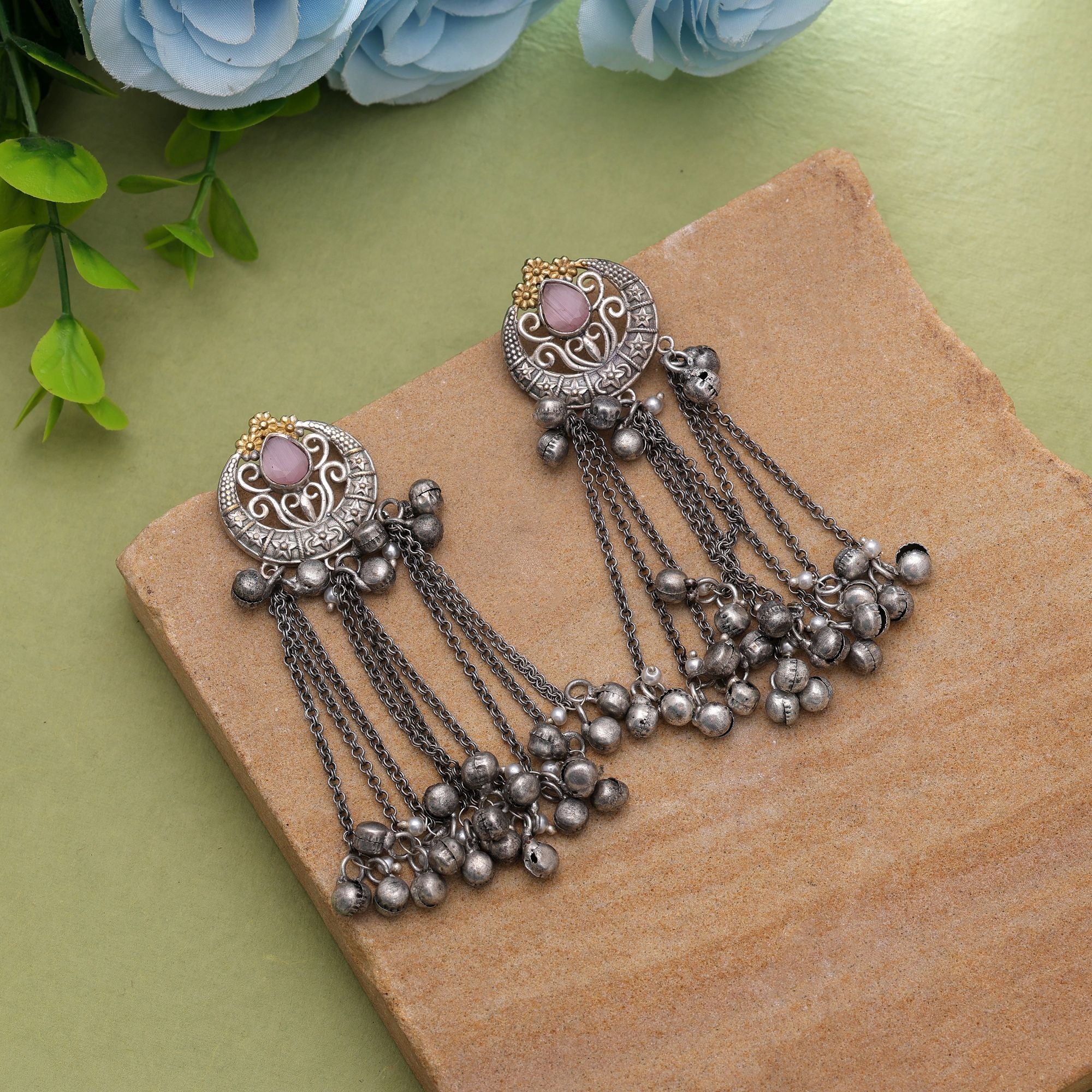 Light Pink Color Dual Tone Oxidised Earrings