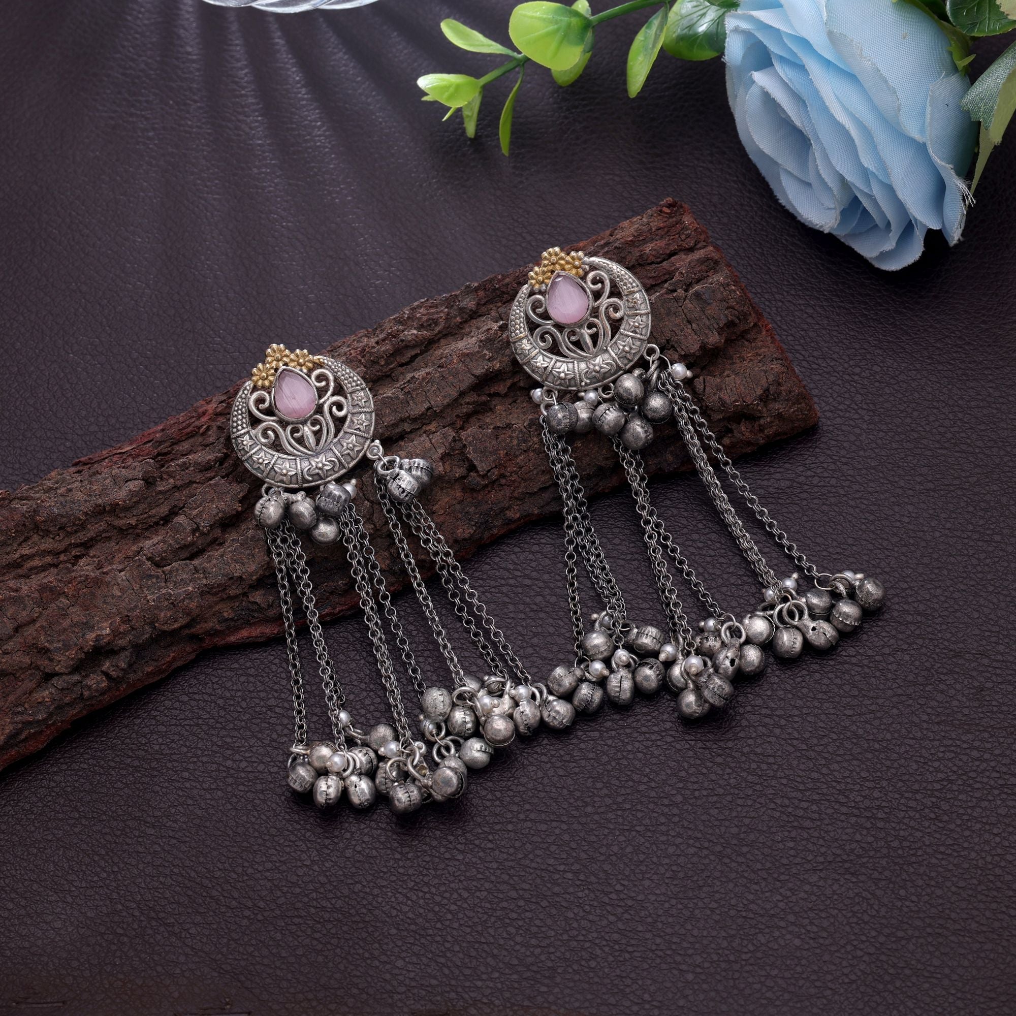 Light Pink Color Dual Tone Oxidised Earrings