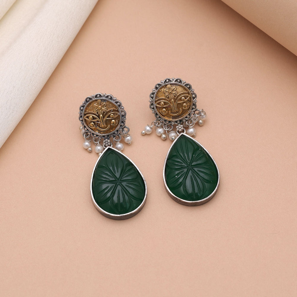 Green Color Dual Tone Oxidised Earrings