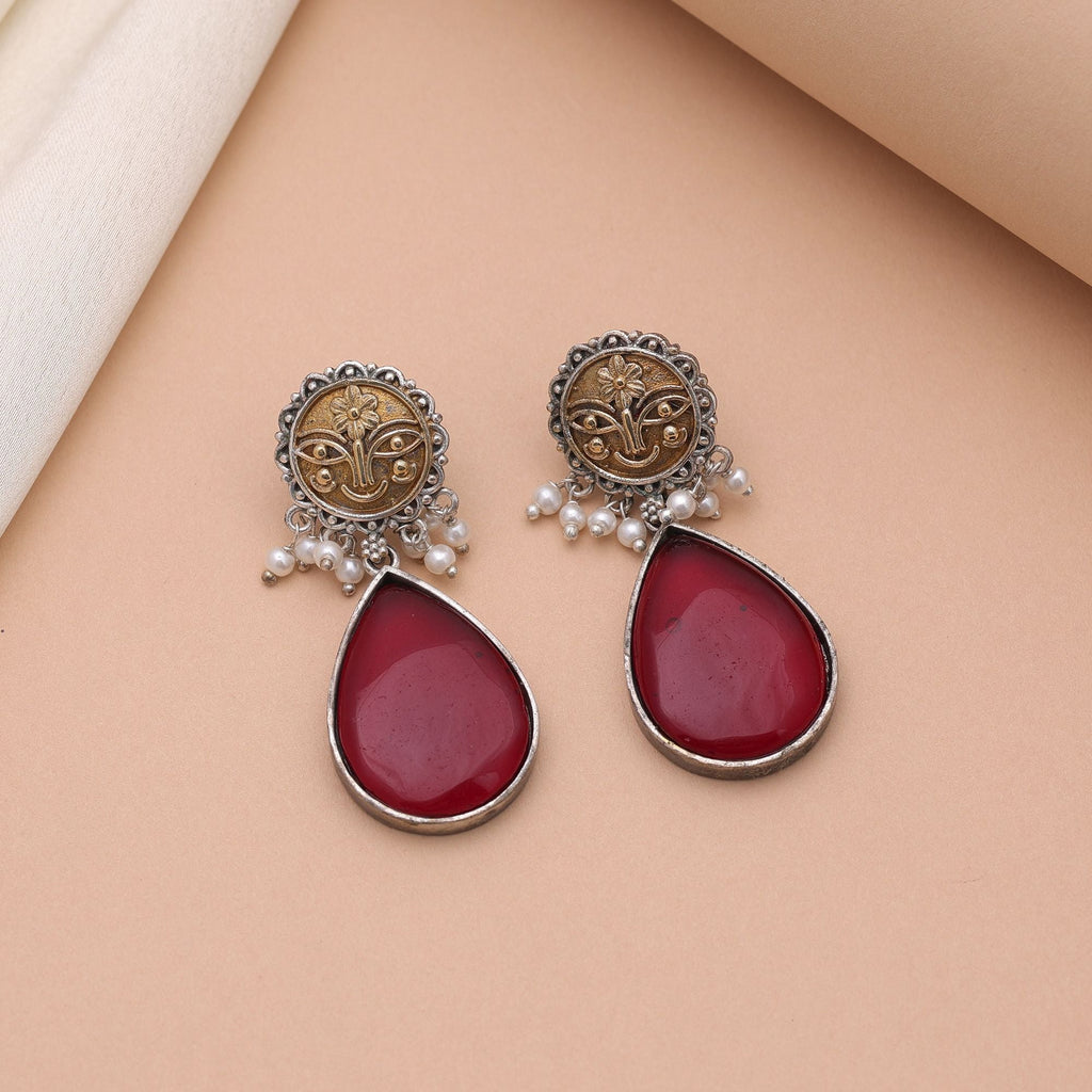 Maroon Color Dual Tone Oxidised Earrings