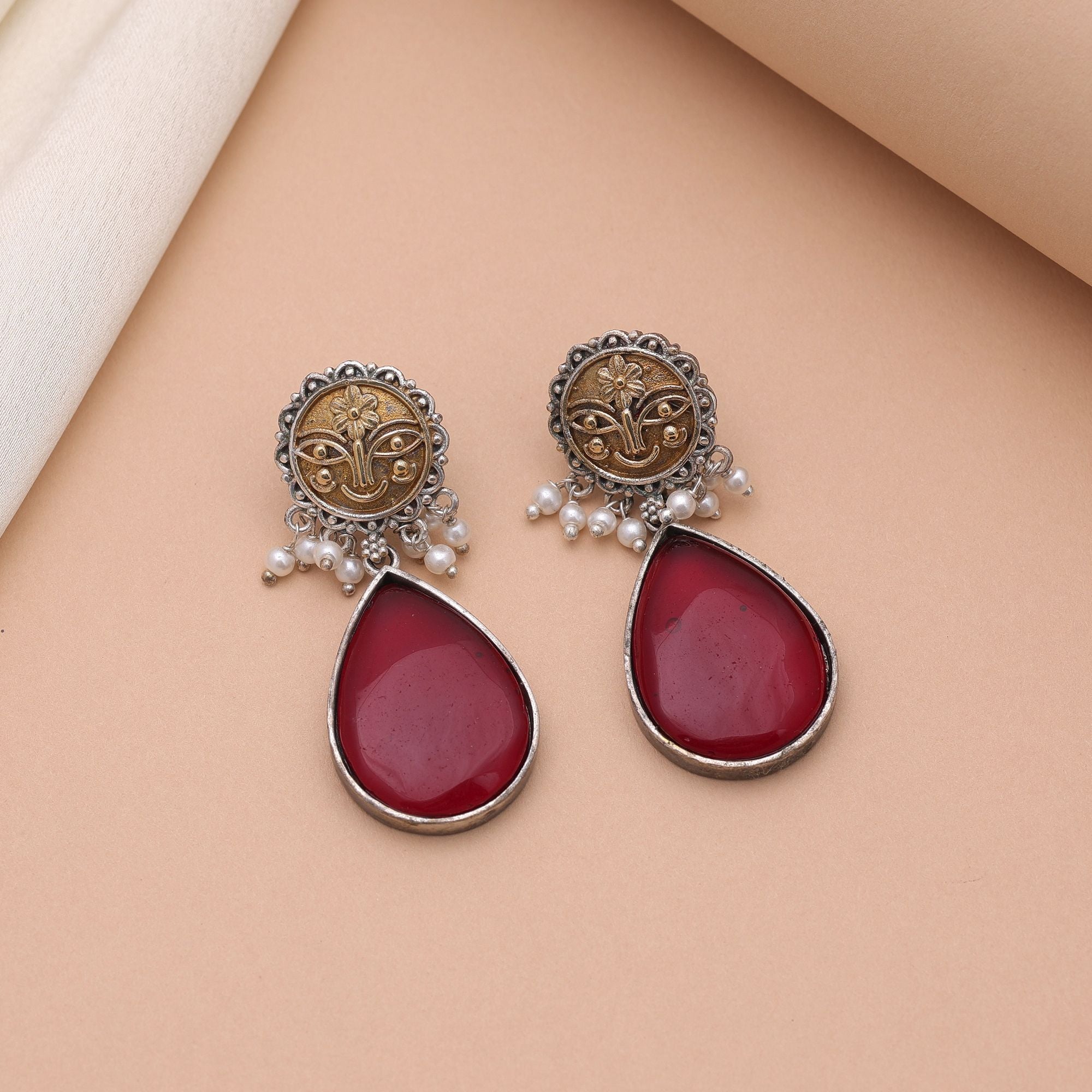 Maroon Color Dual Tone Oxidised Earrings