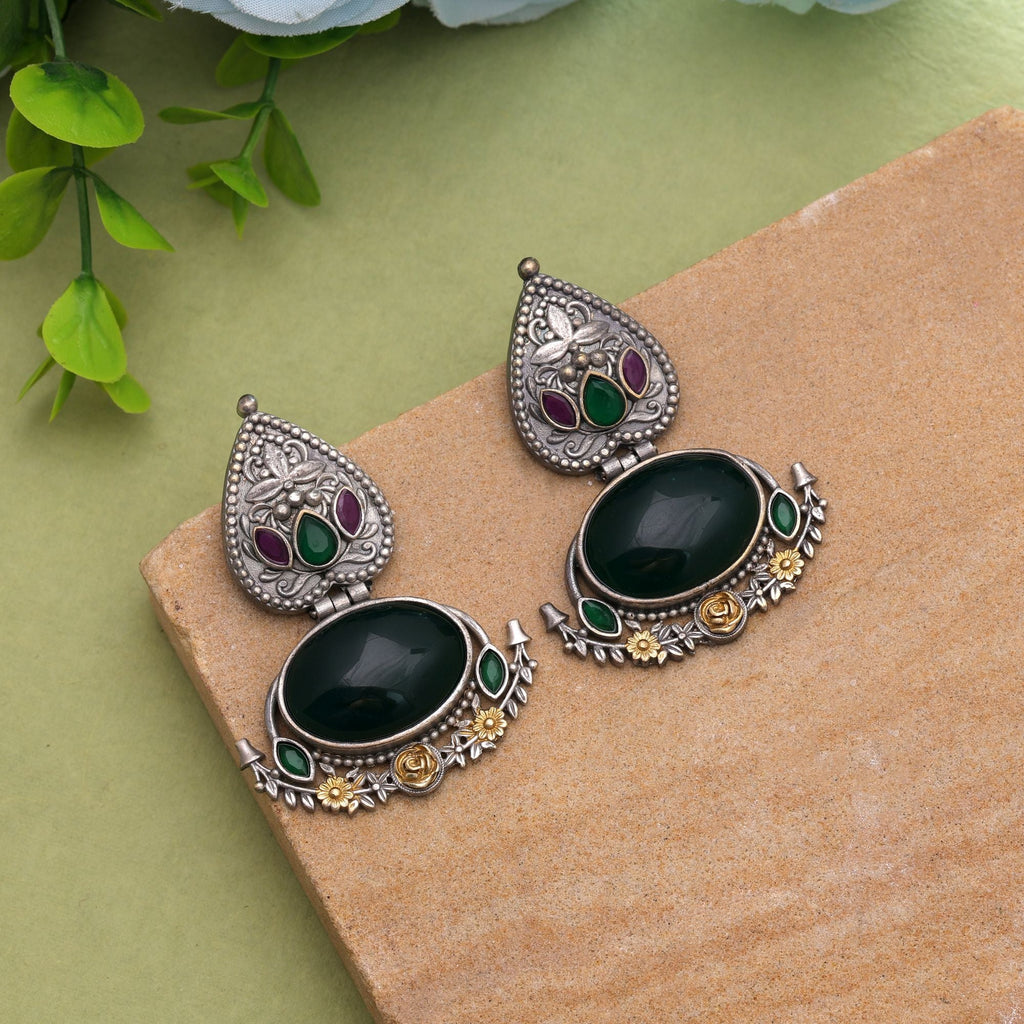 Green Color Dual Tone Oxidised Earrings