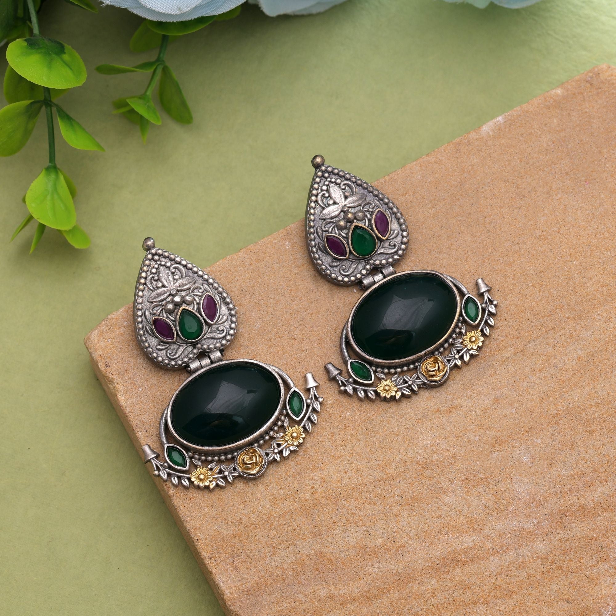 Green Color Dual Tone Oxidised Earrings