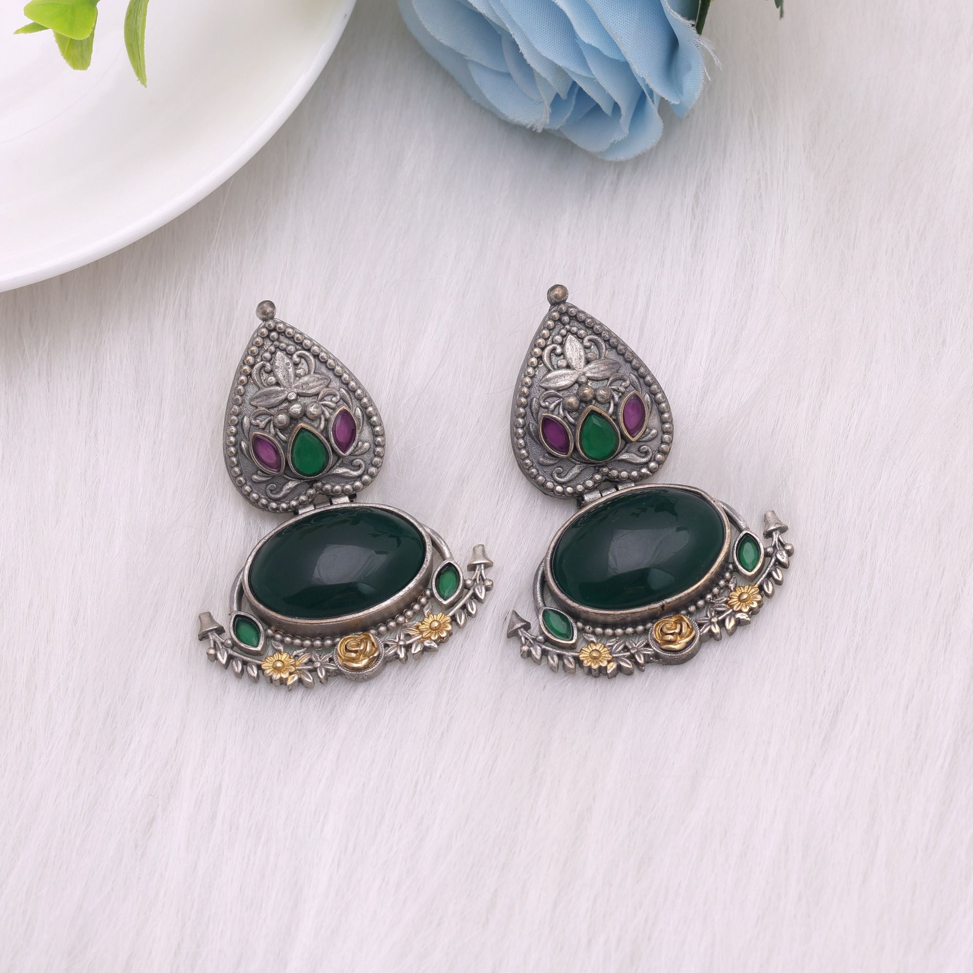 Green Color Dual Tone Oxidised Earrings