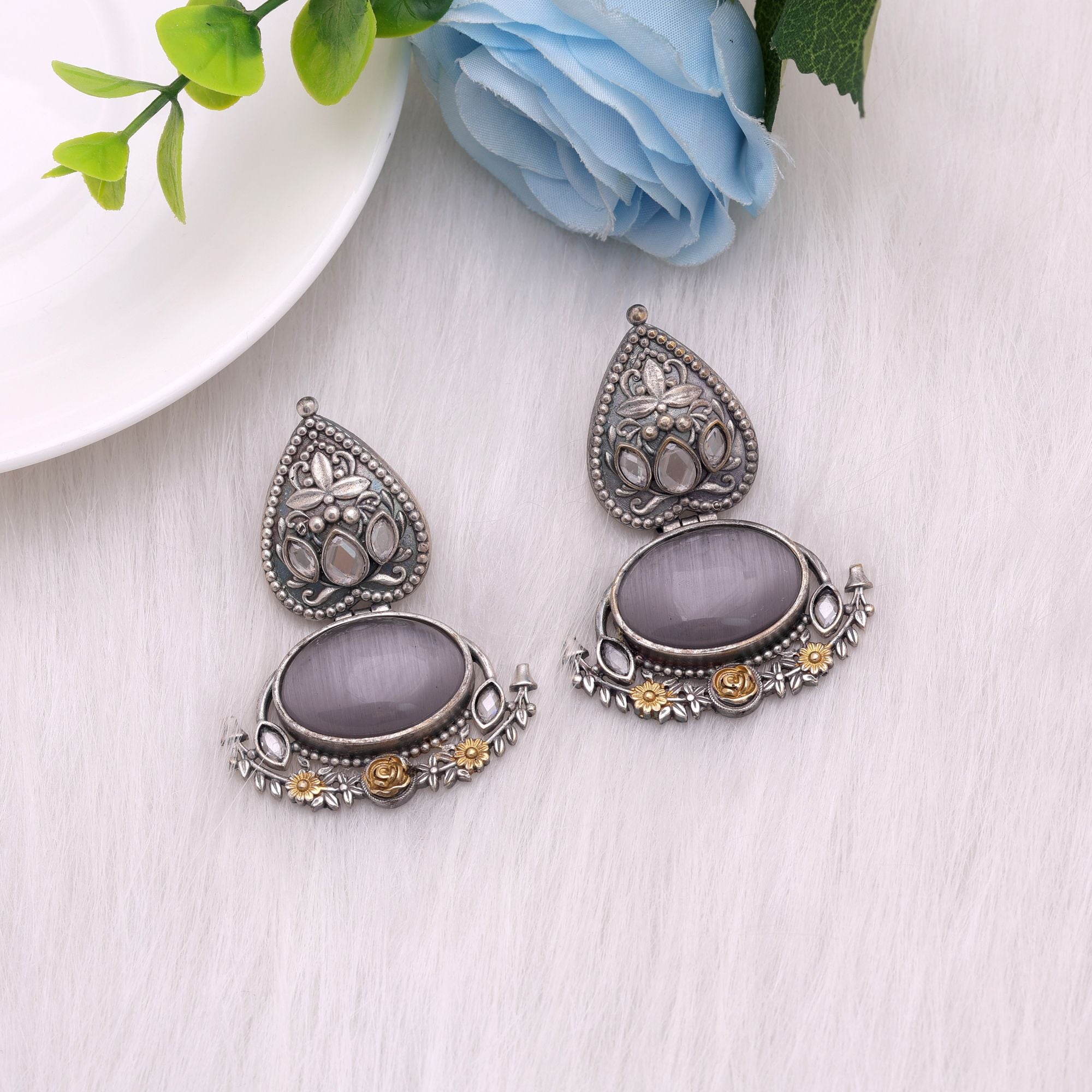 Grey Color Dual Tone Oxidised Earrings