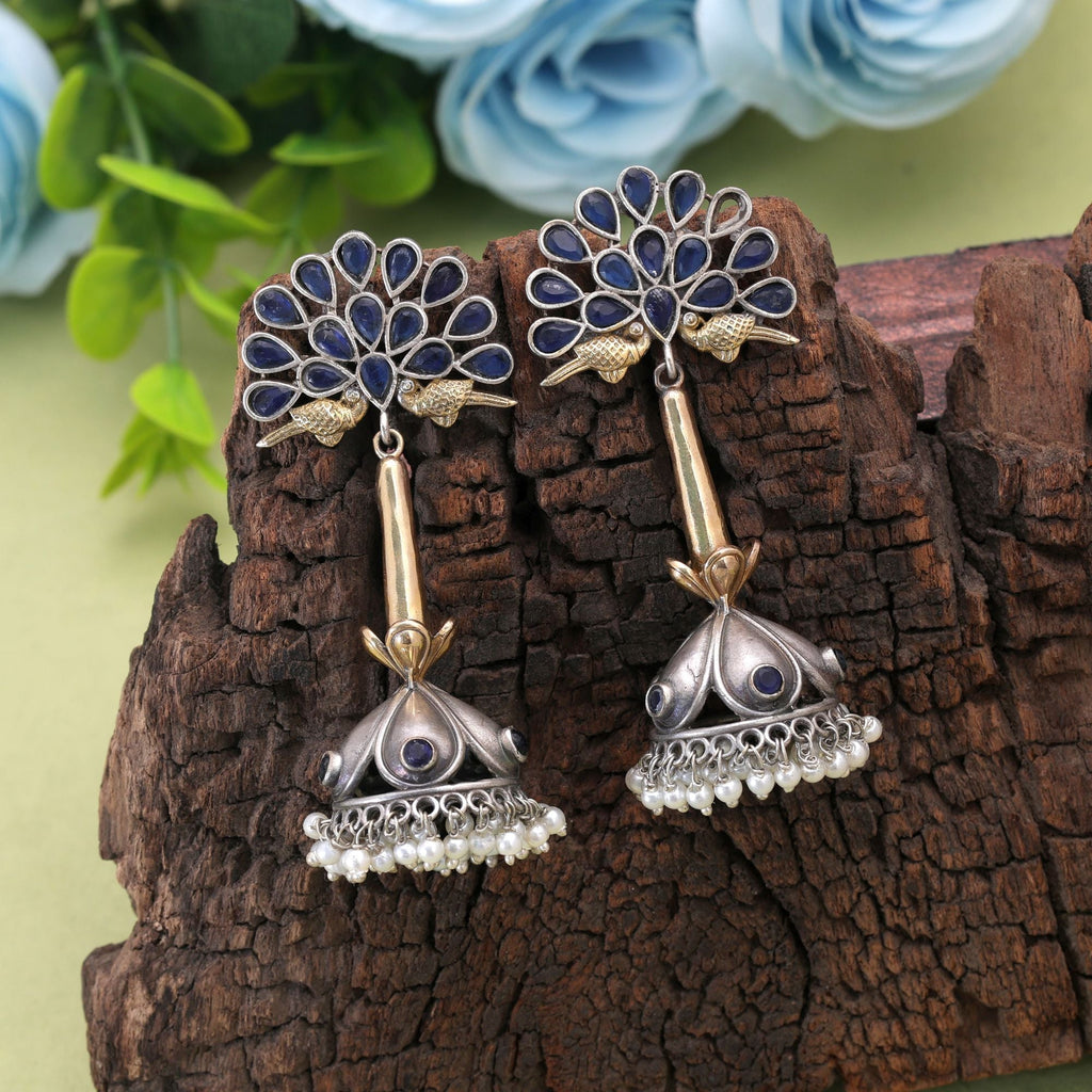 Blue Color Dual Tone Oxidised Earrings