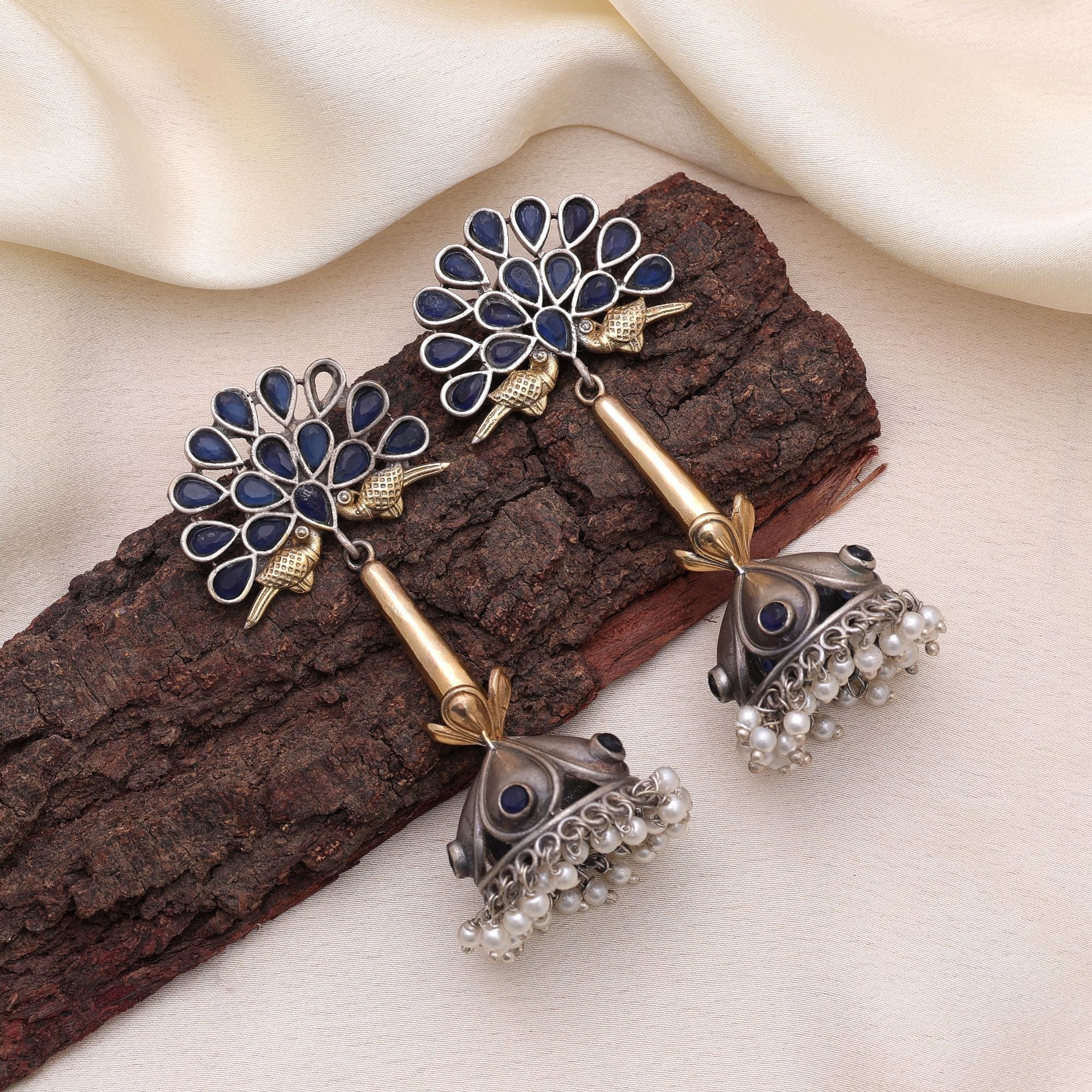 Blue Color Dual Tone Oxidised Earrings