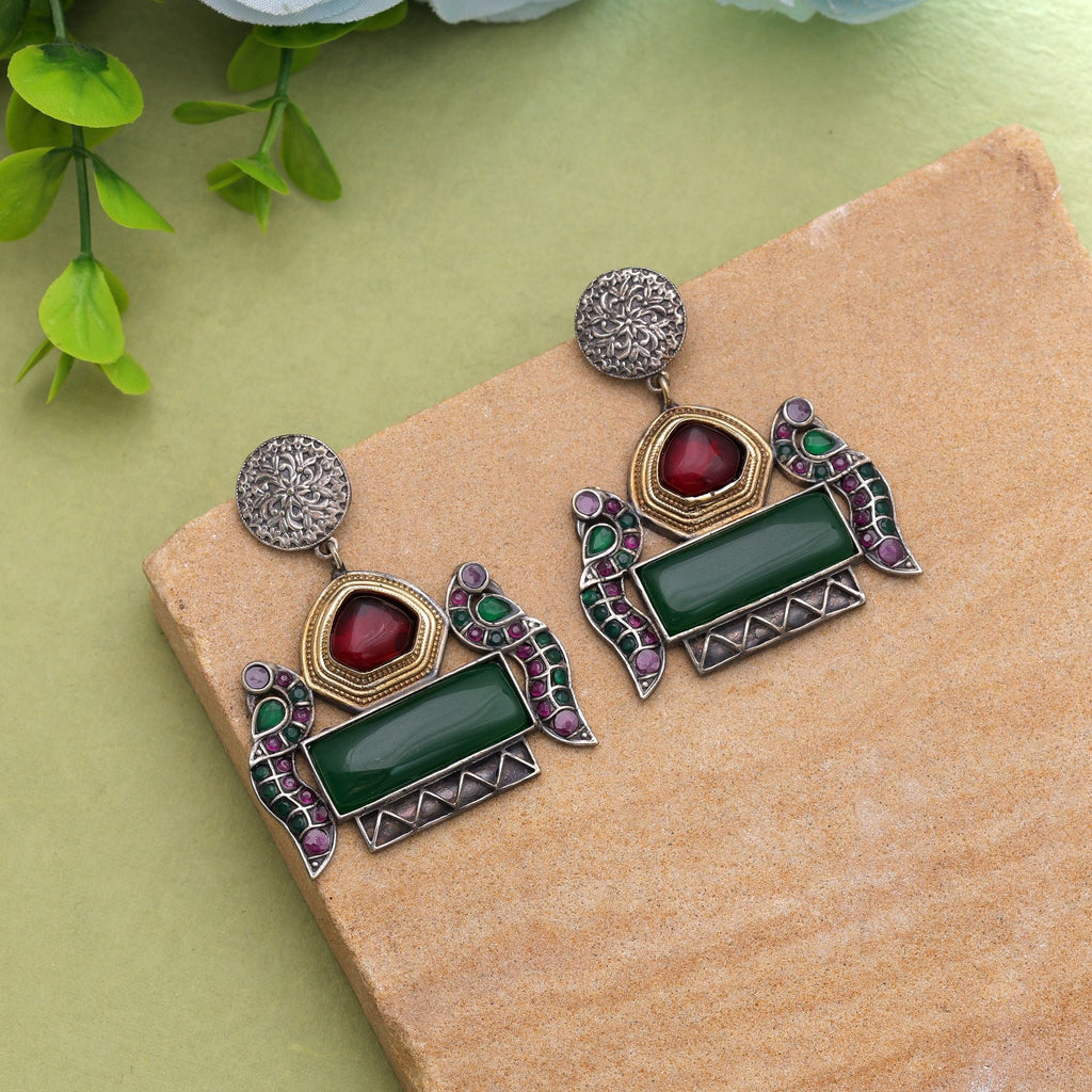 Maroon & Green Color Dual Tone Oxidised Earrings