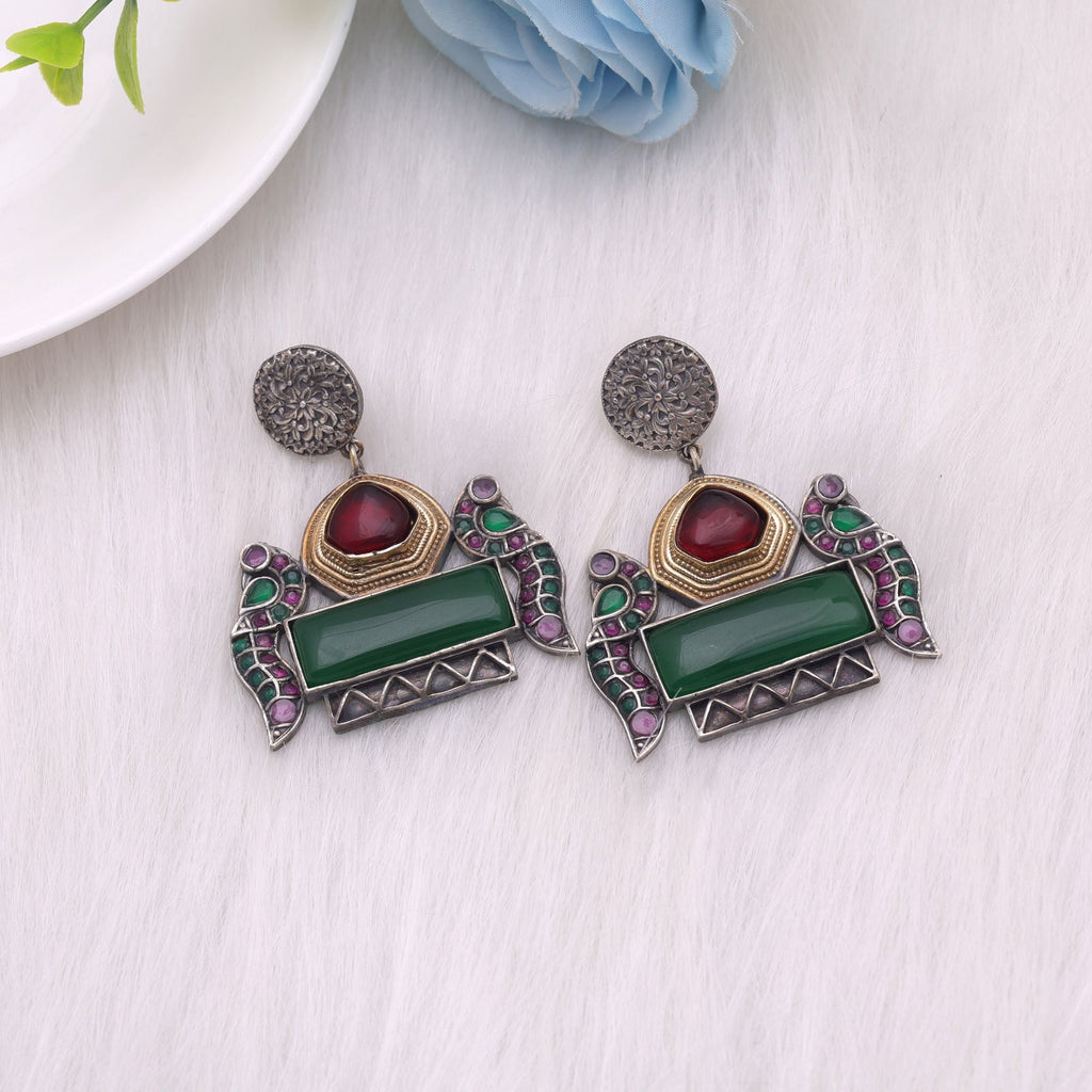 Maroon & Green Color Dual Tone Oxidised Earrings