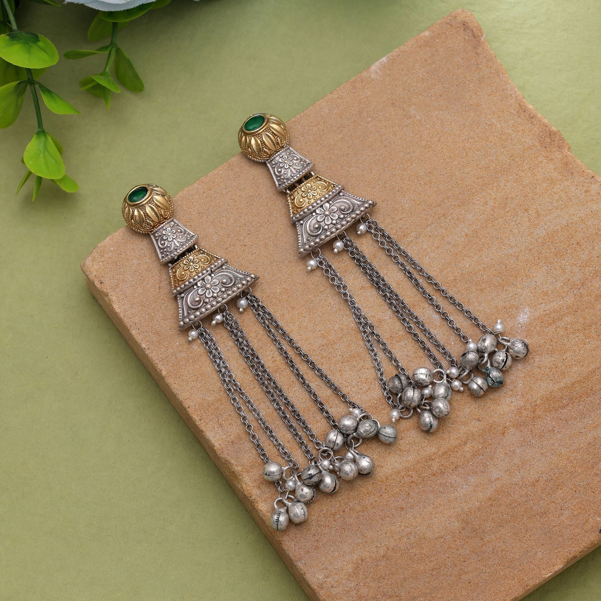 Green Color Dual Tone Oxidised Earrings