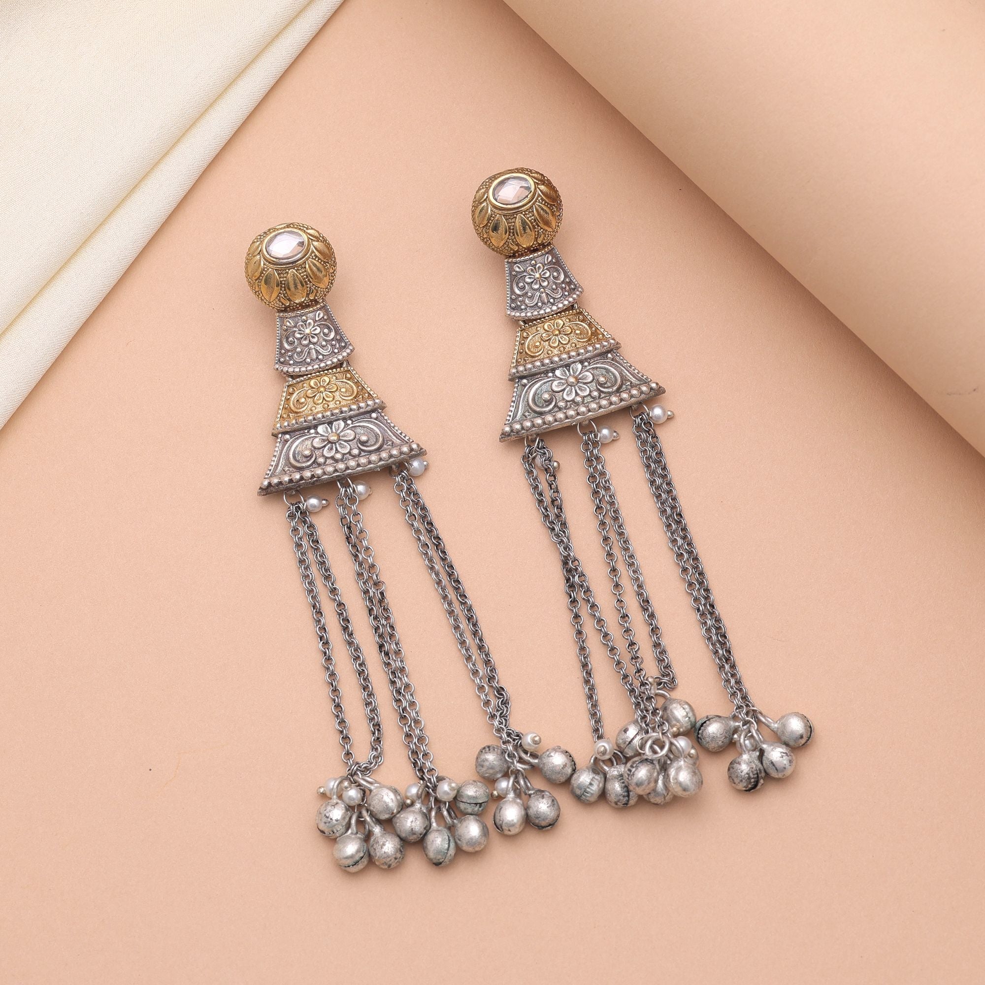 Gold & Silver Color Dual Tone Oxidised Earrings