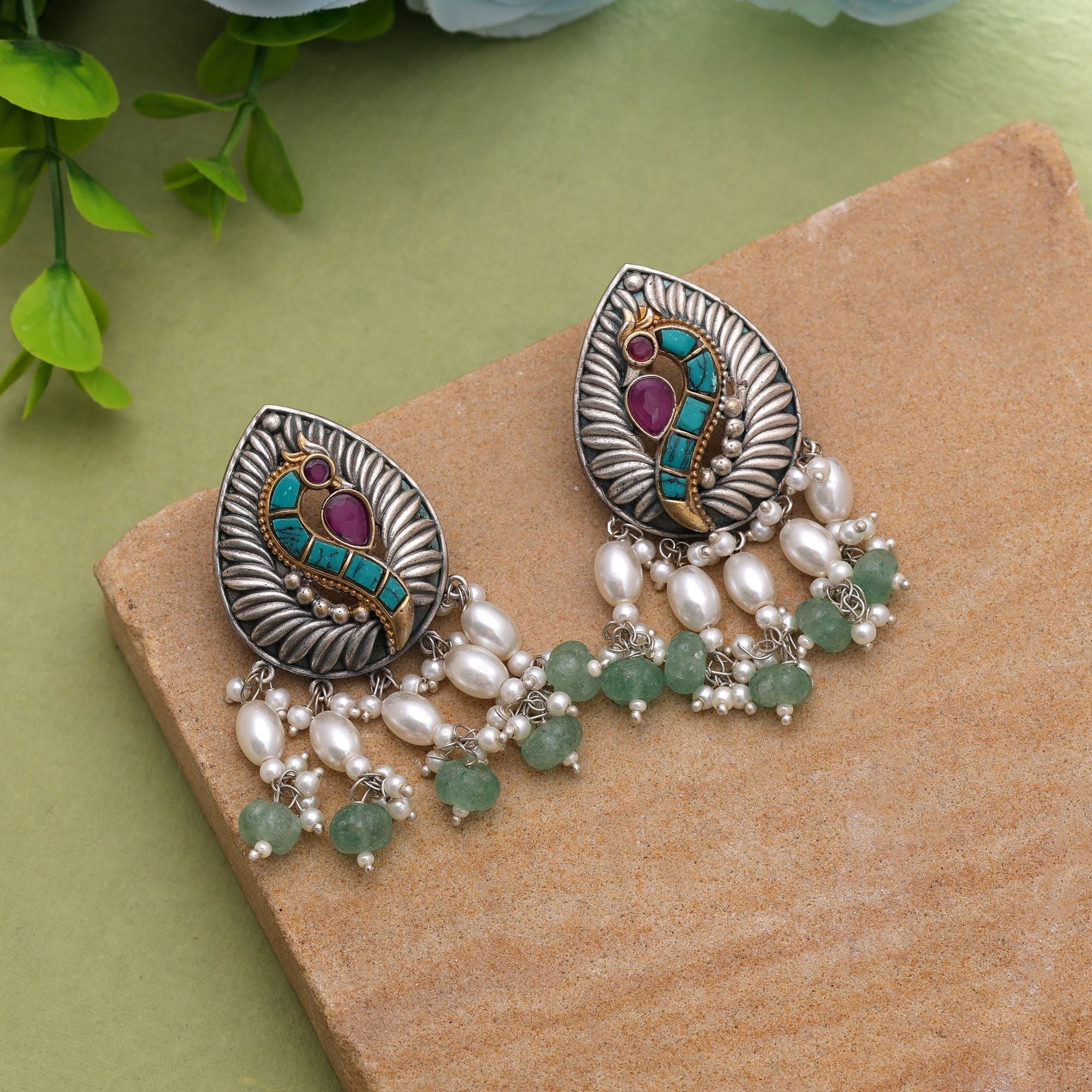 Green Color Oxidised Earrings