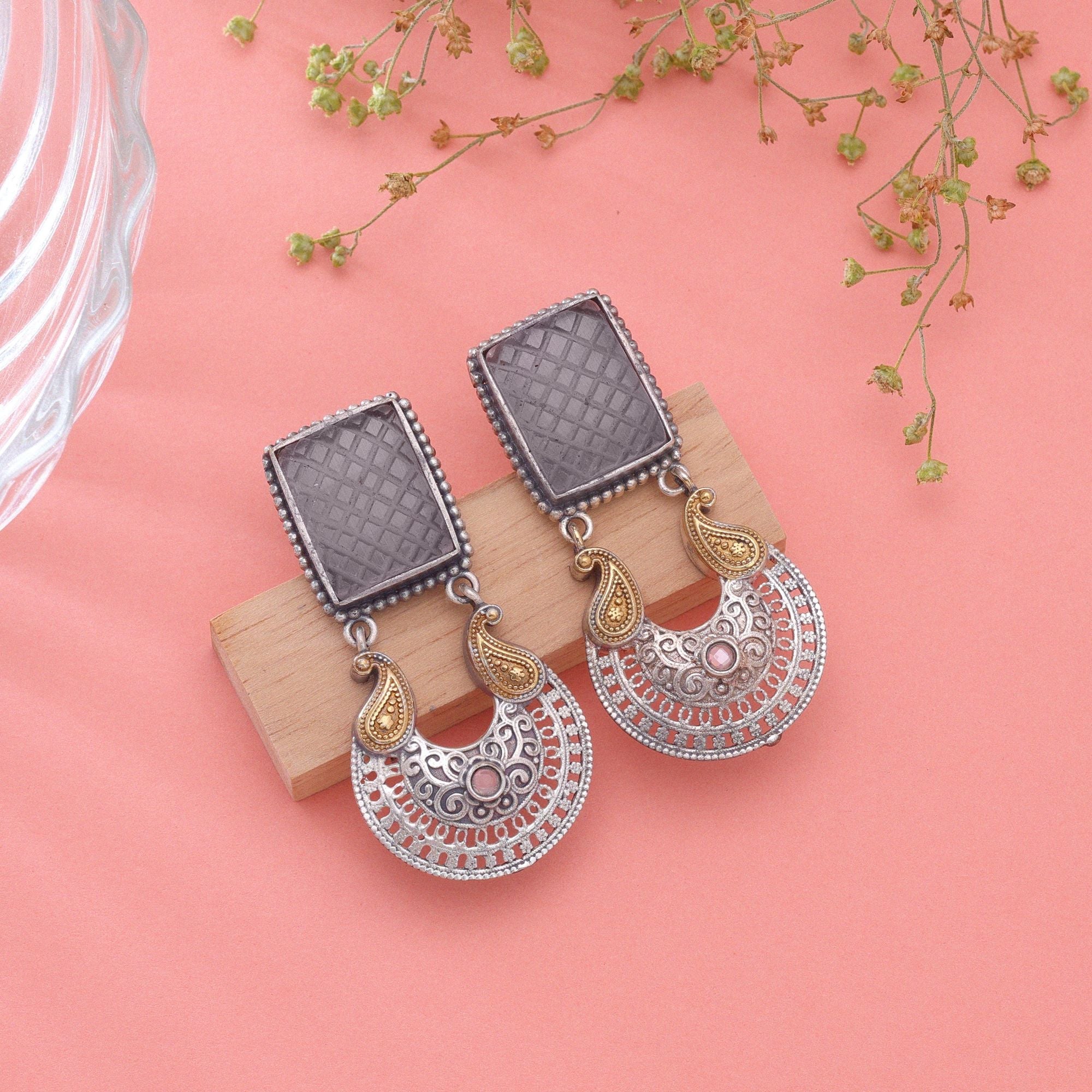 Grey Color Dual Tone Oxidised Earrings Ethnic Style