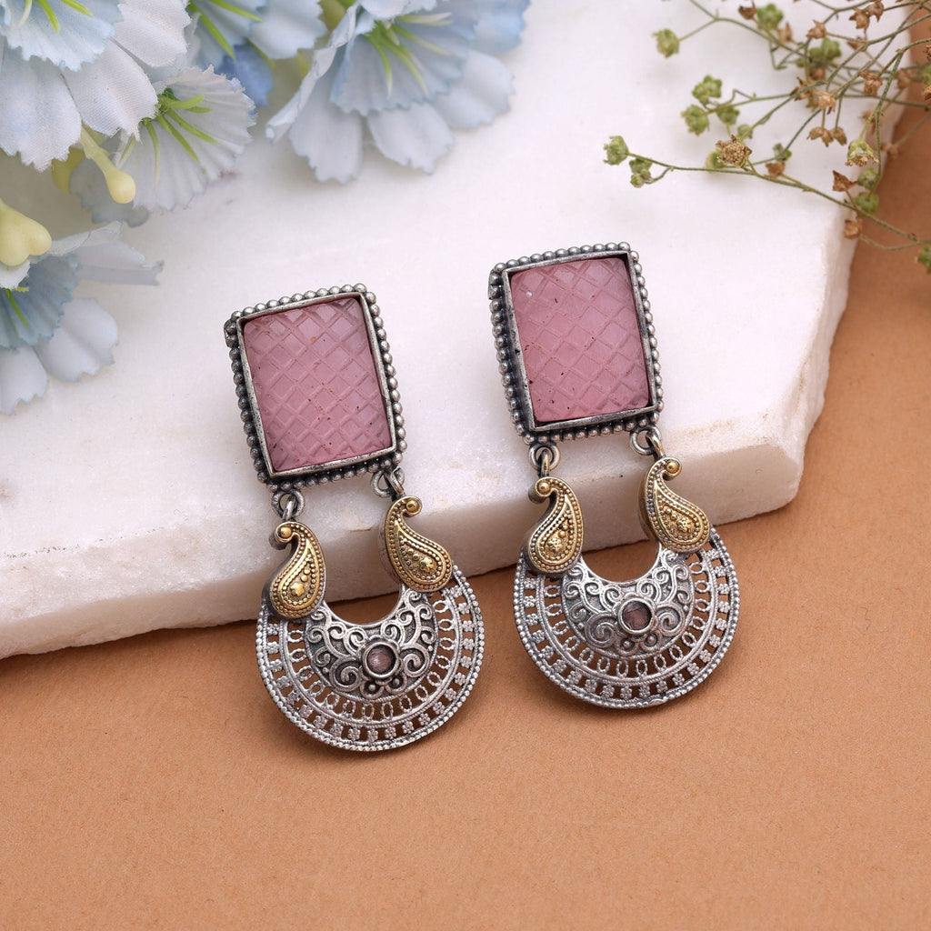 Light Pink Color Dual Tone Oxidised Earrings Designer Finish