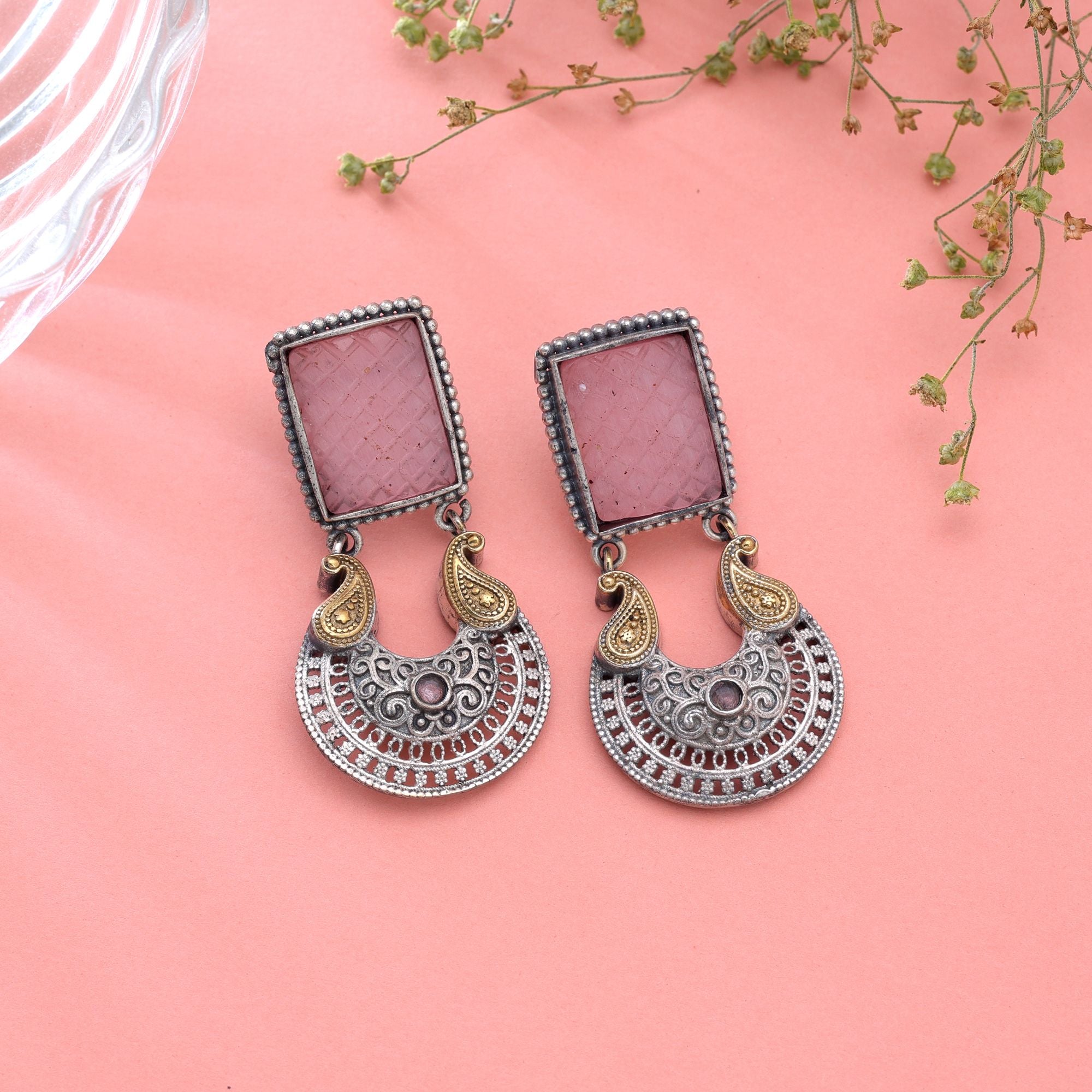 Light Pink Color Dual Tone Oxidised Earrings Designer Finish