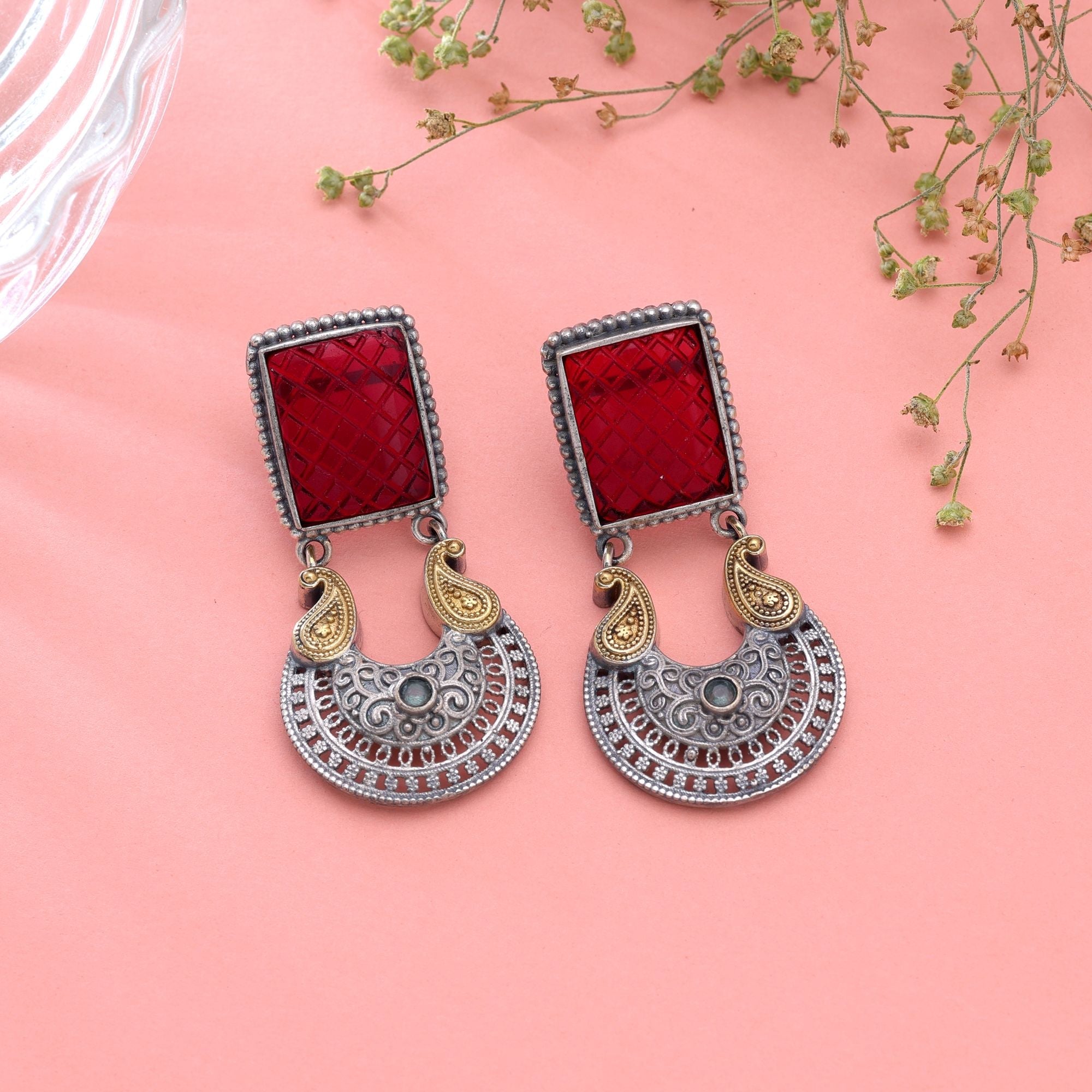 Red Color Dual Tone Oxidised Earrings Traditional Design