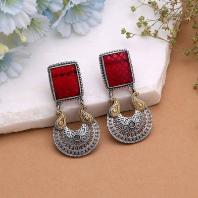Red Color Dual Tone Oxidised Earrings Traditional Design