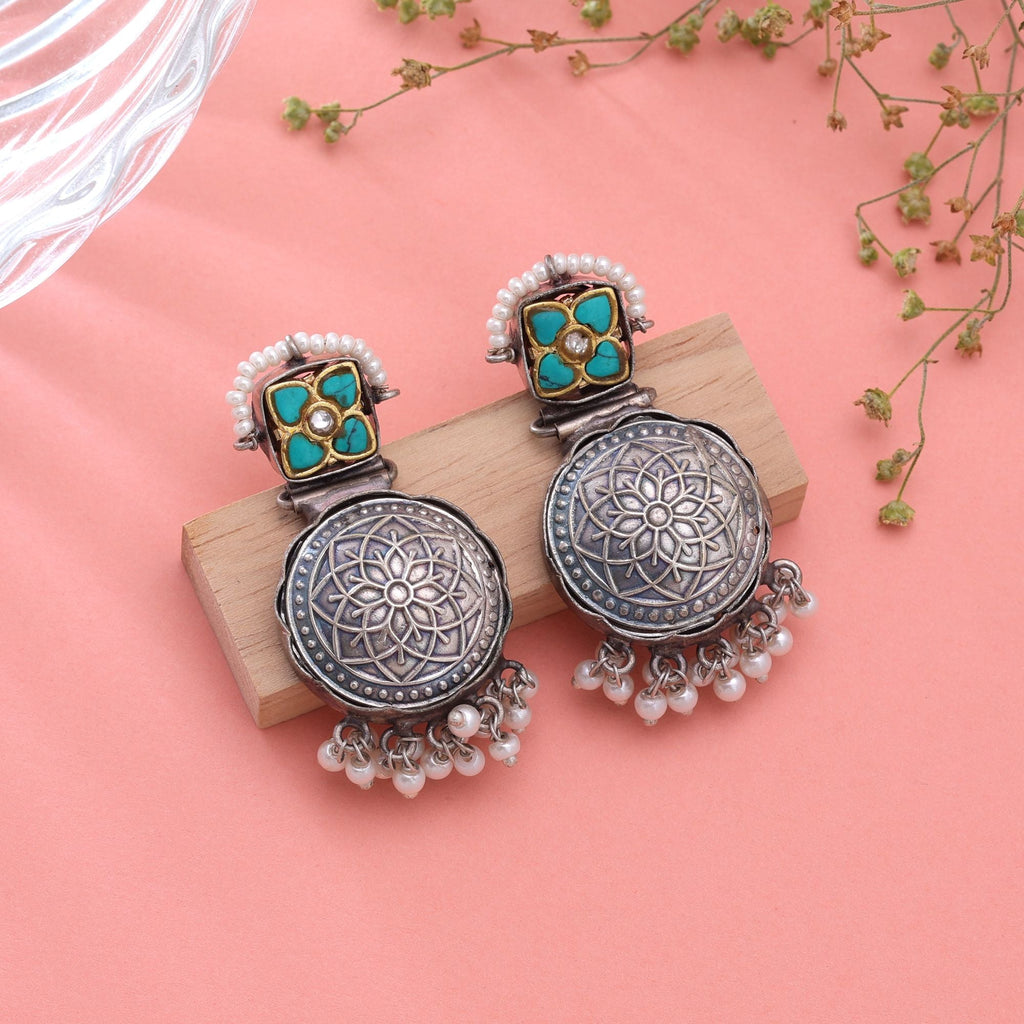 Turquoise Color Dual Tone Oxidised Earrings Party Wear Style