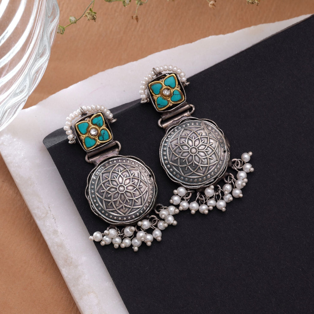 Turquoise Color Dual Tone Oxidised Earrings Party Wear Style