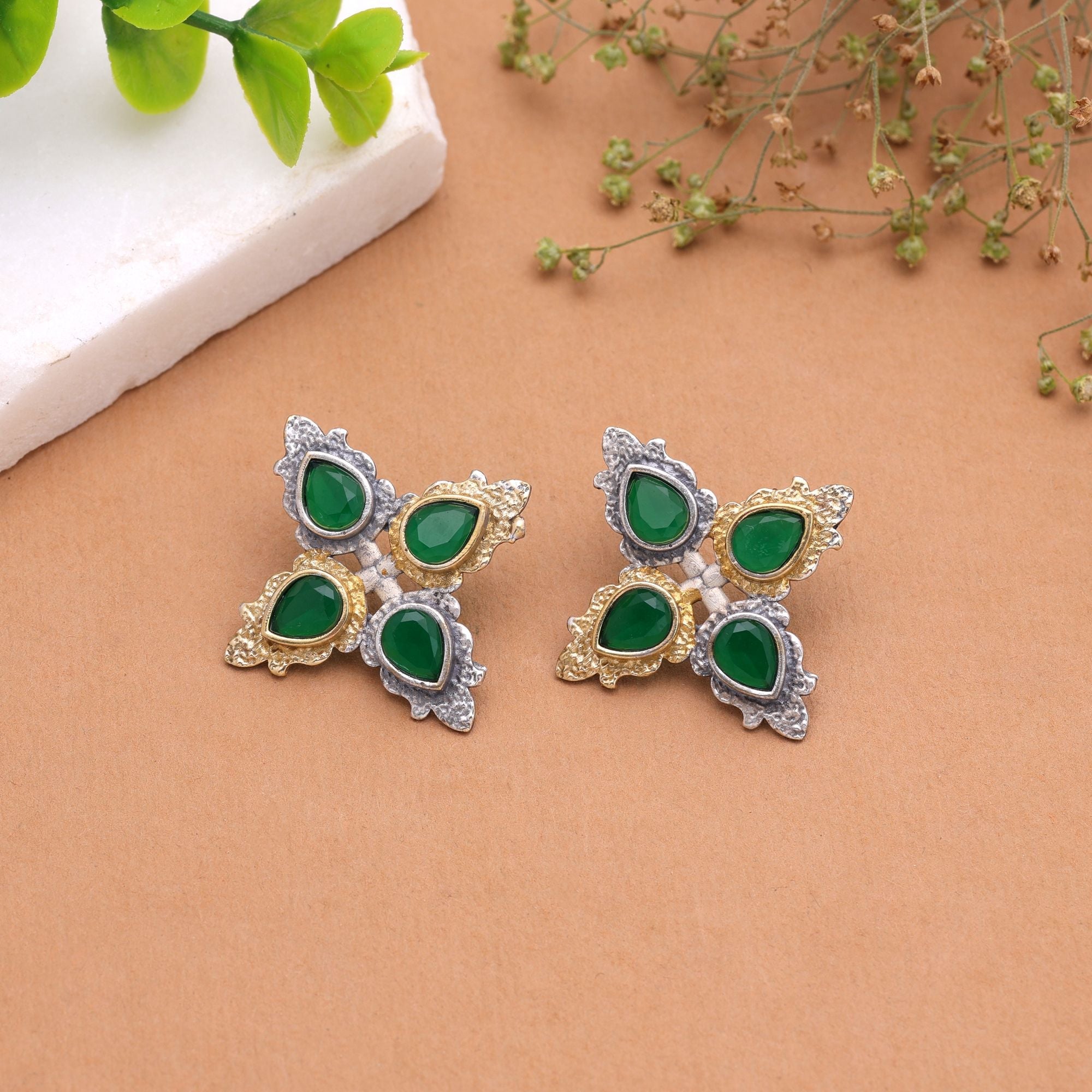 Green Color Dual Tone Oxidised Earrings Traditional Design