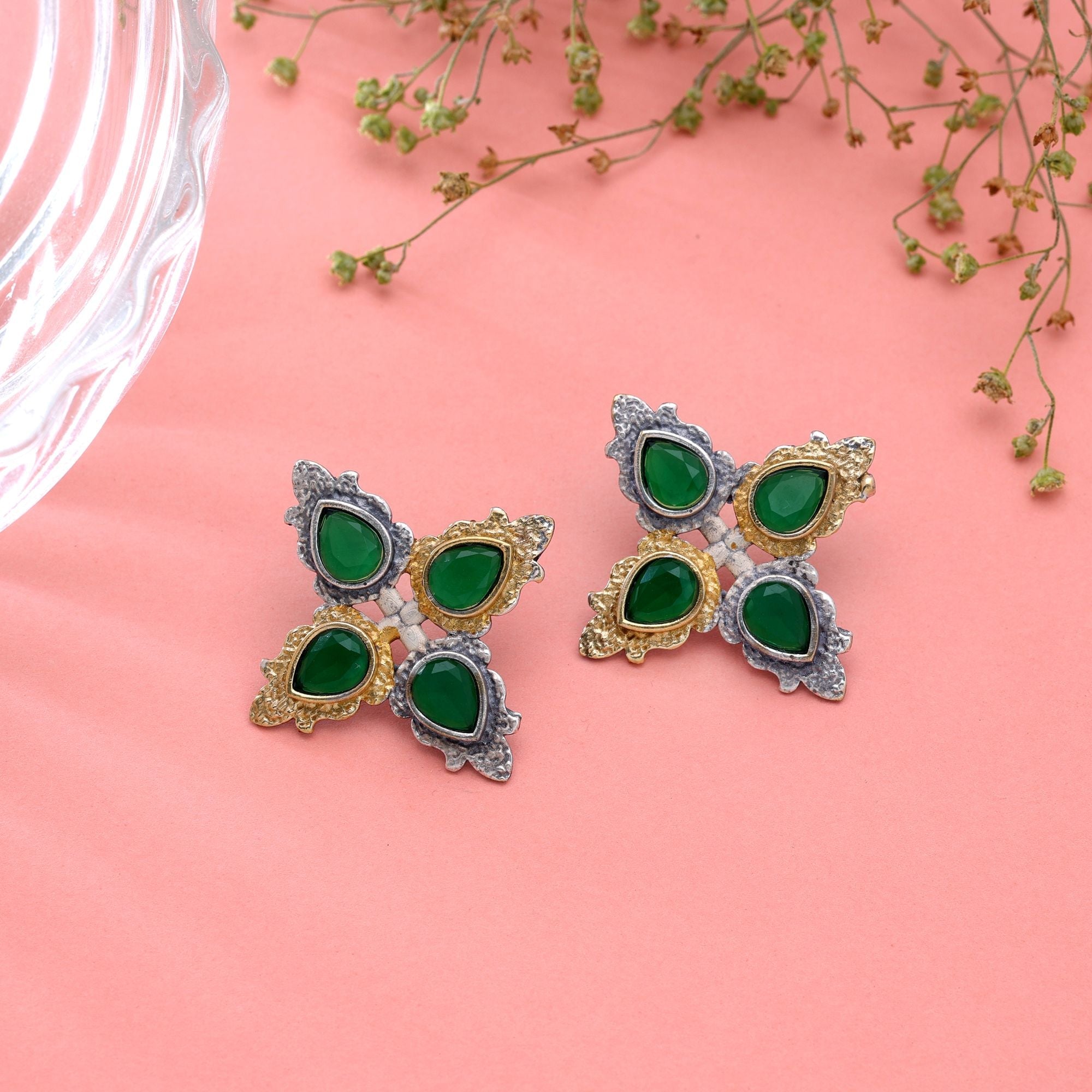 Green Color Dual Tone Oxidised Earrings Traditional Design