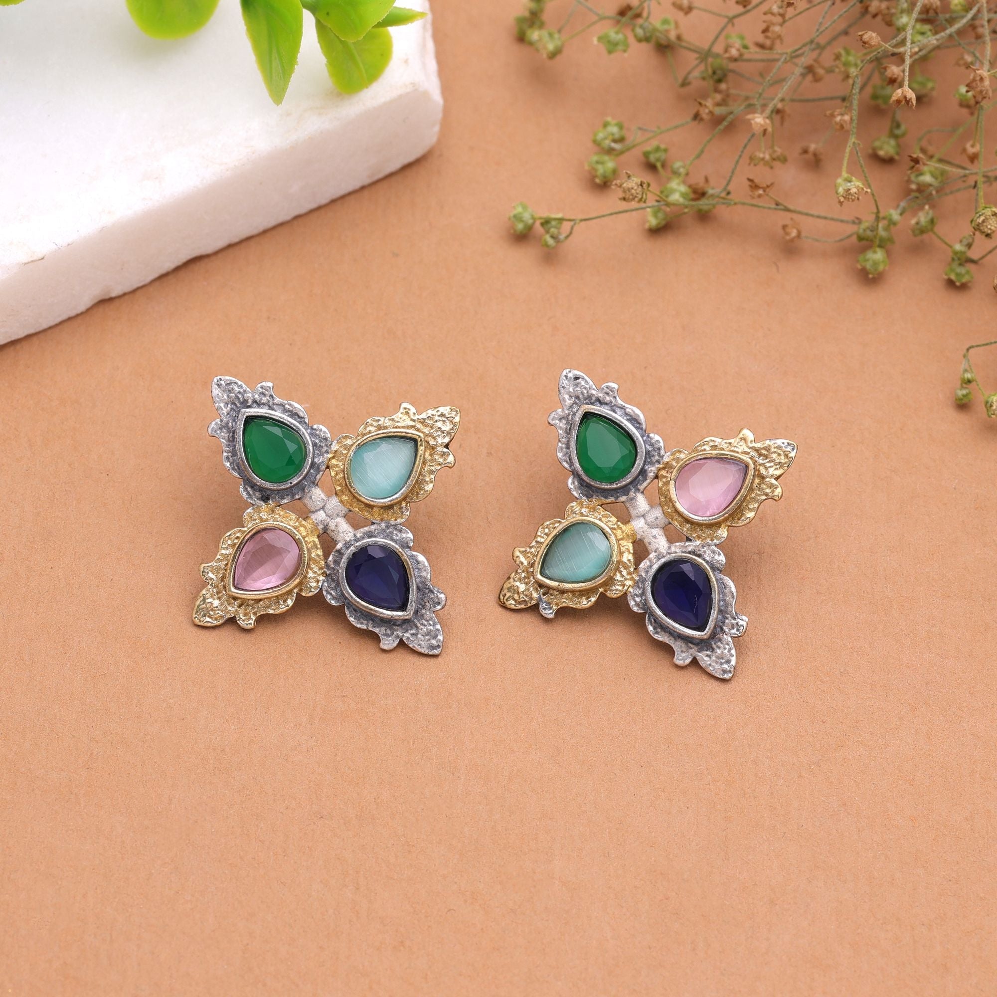 Multi Color Dual Tone Oxidised Earrings Ethnic Style