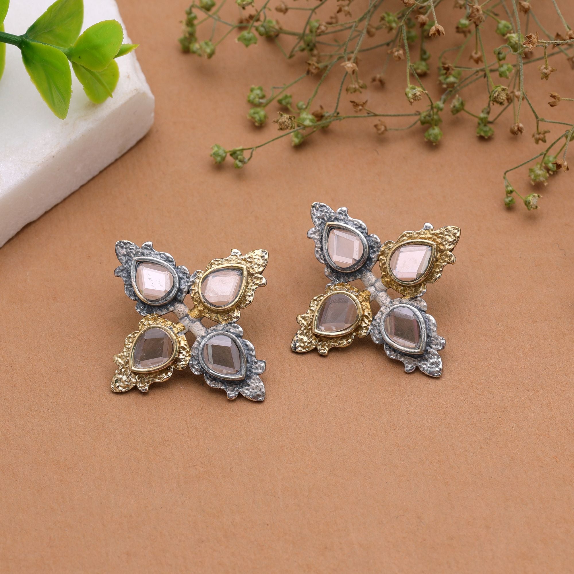 White Color Dual Tone Oxidised Earrings Traditional Finish