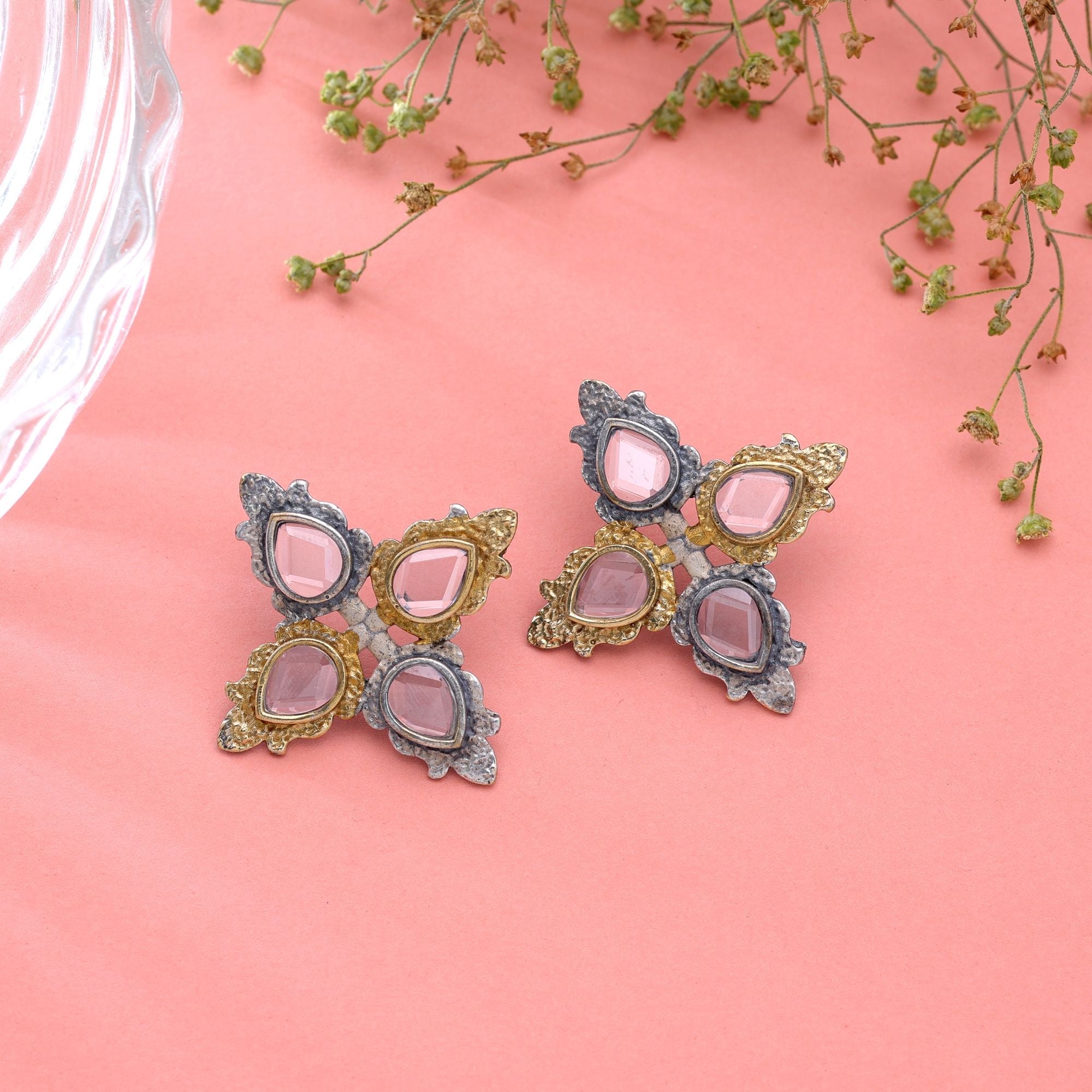 White Color Dual Tone Oxidised Earrings Traditional Finish