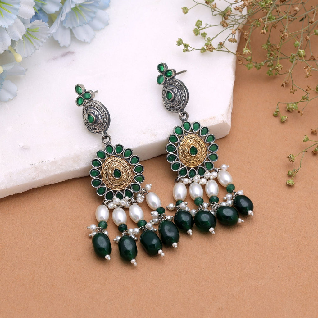 Green Color Dual Tone Oxidised Earrings Festive Jewelry Style
