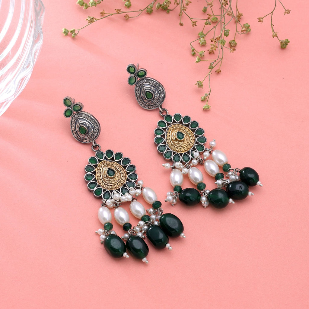 Green Color Dual Tone Oxidised Earrings Festive Jewelry Style