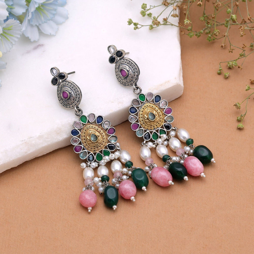 Multi Color Dual Tone Oxidised Earrings Designer Wear