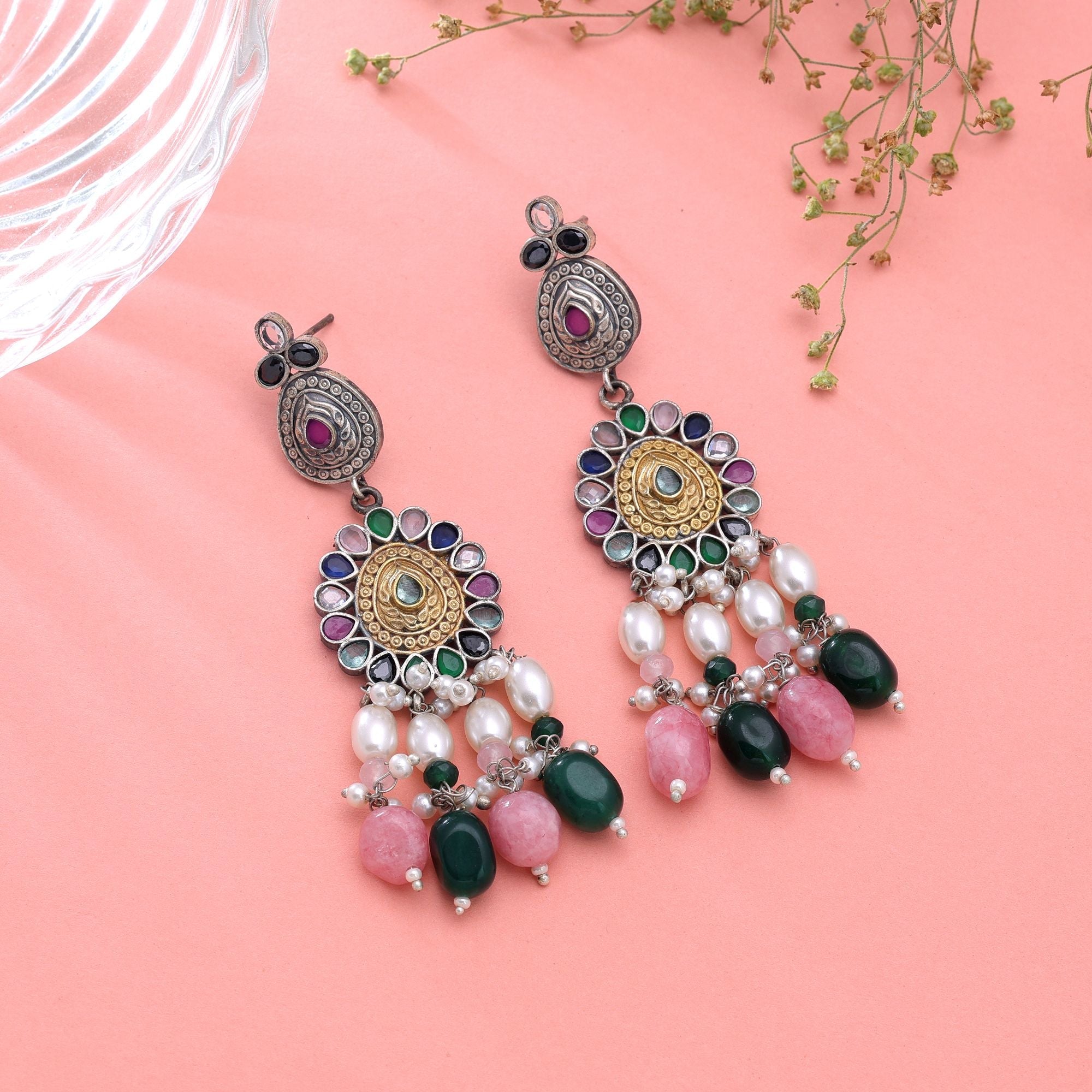 Multi Color Dual Tone Oxidised Earrings Designer Wear