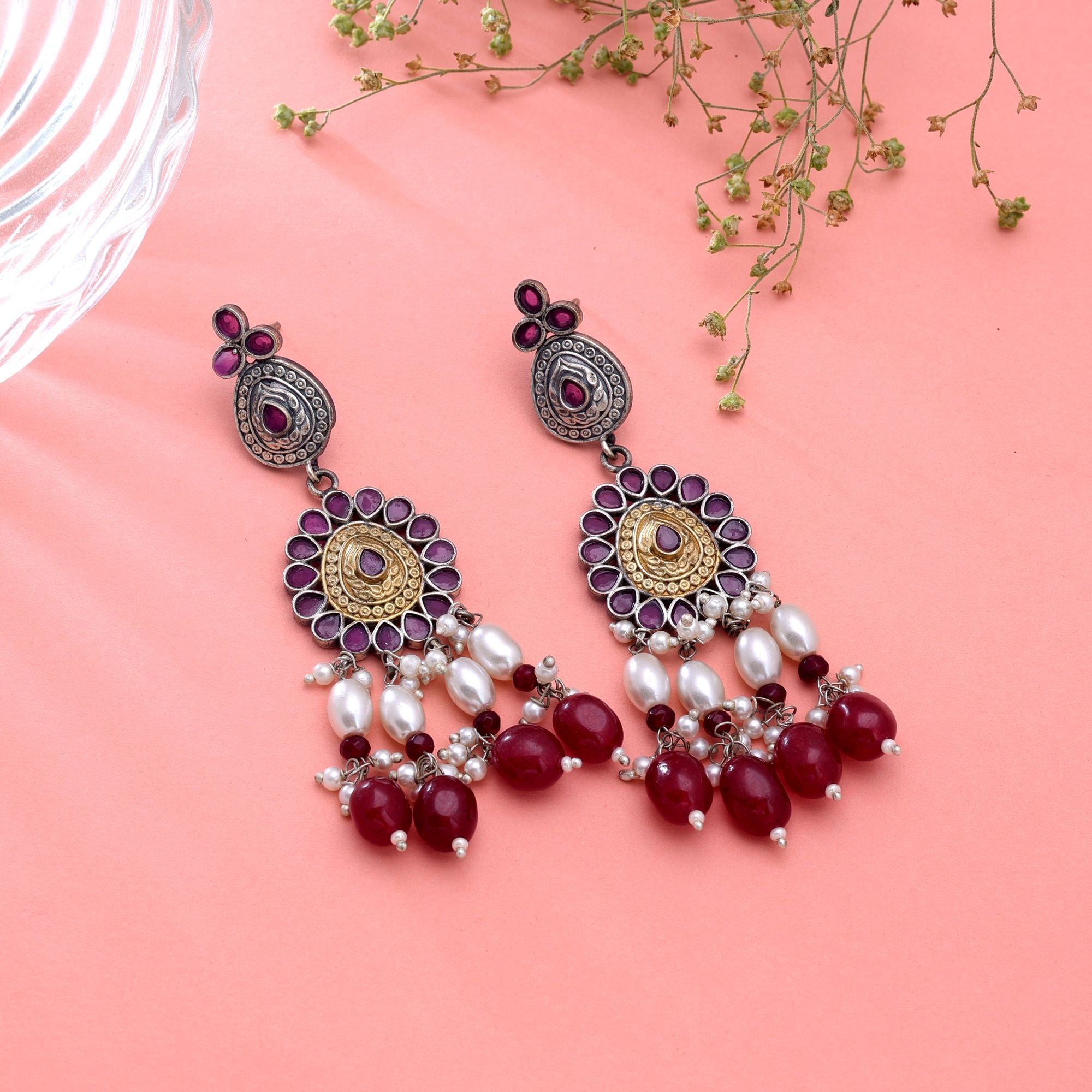 Maroon Color Dual Tone Oxidised Earrings Handmade Fashion Style