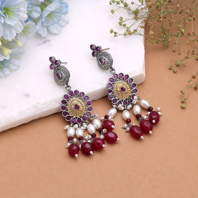Maroon Color Dual Tone Oxidised Earrings Handmade Fashion Style