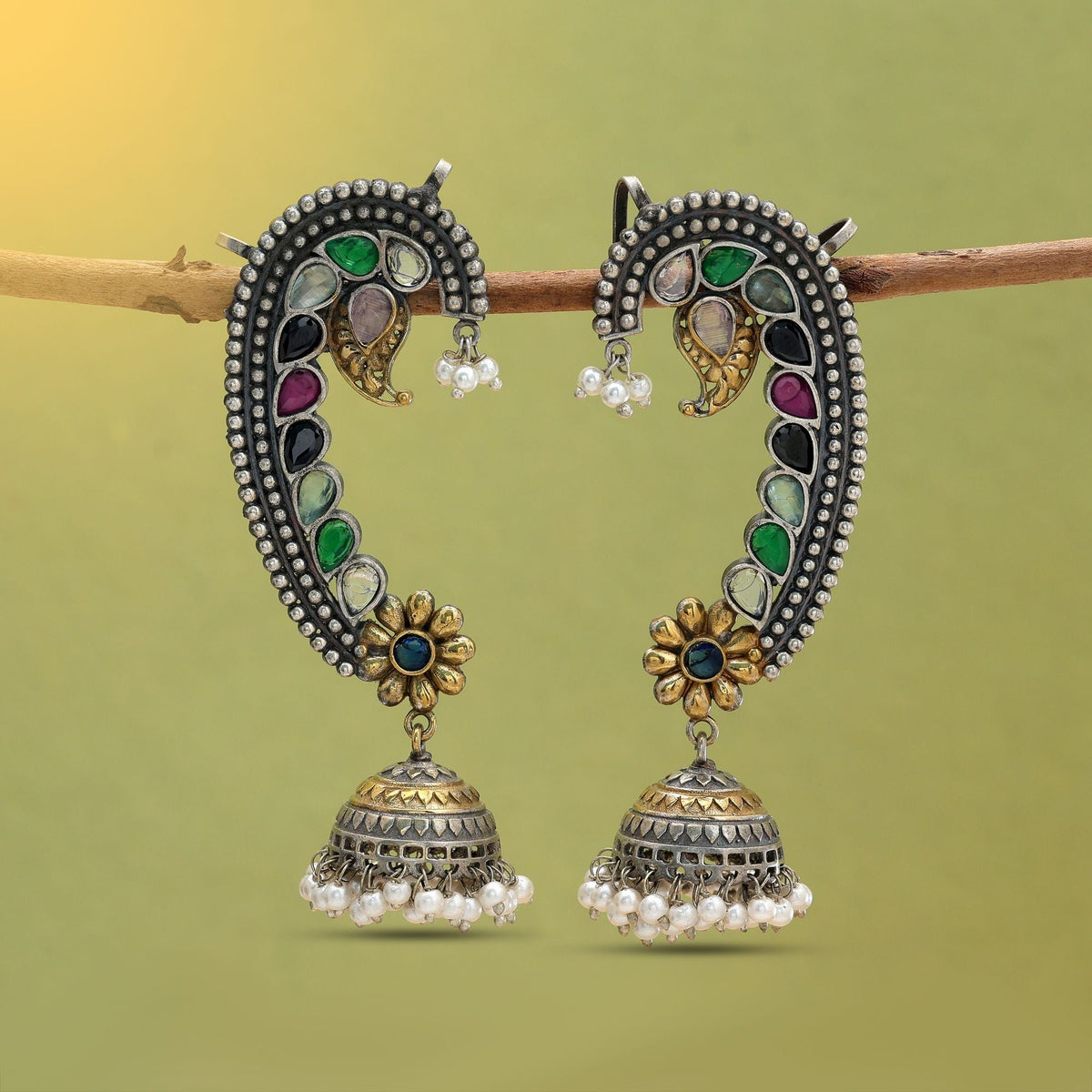 Multi Color Dual Tone Oxidised Earrings Cuff