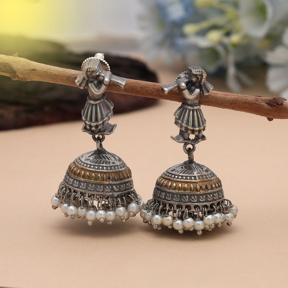 Silver & Gold Color Dual Tone Oxidised Earrings
