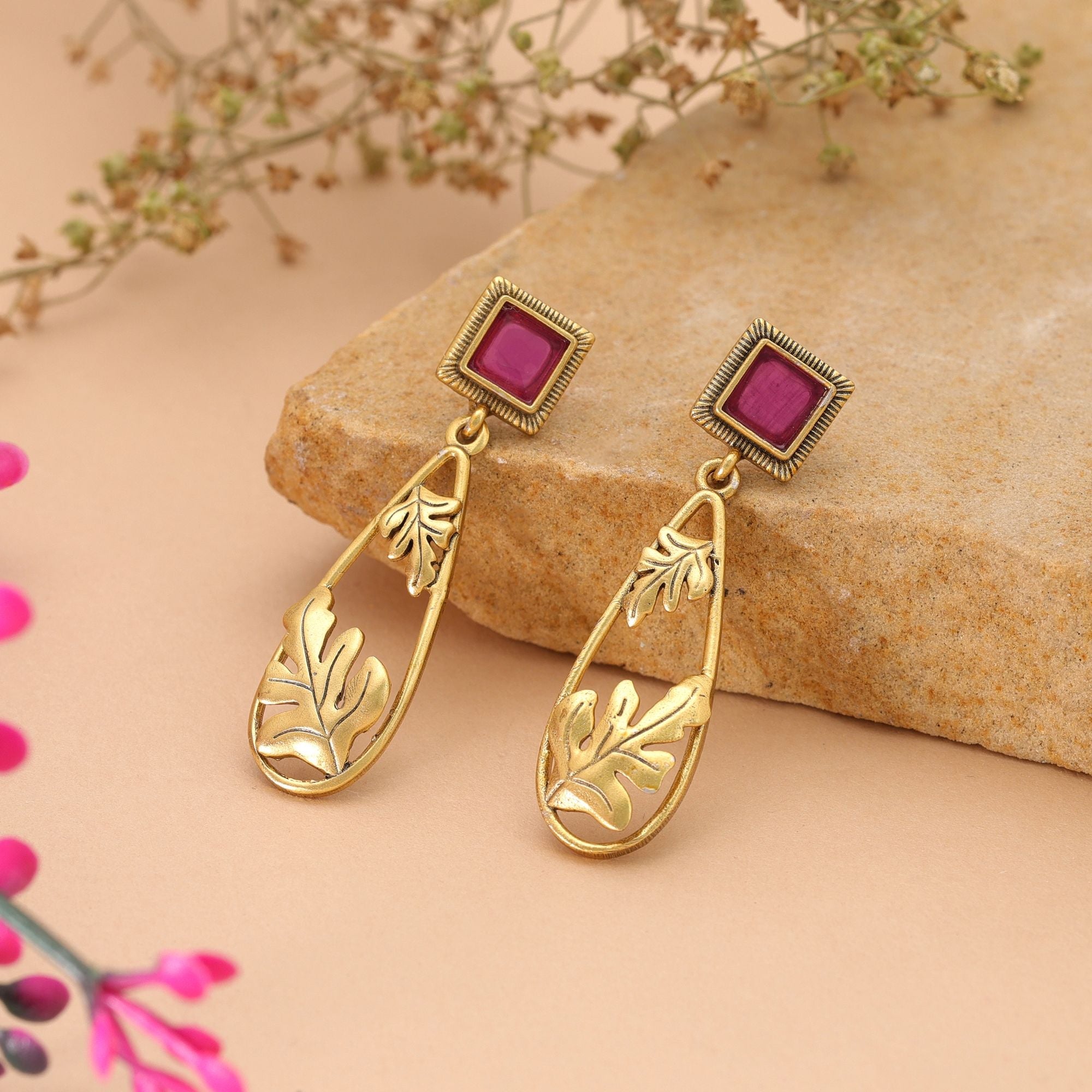Pink Color Traditional Oxidised Dangle Earrings