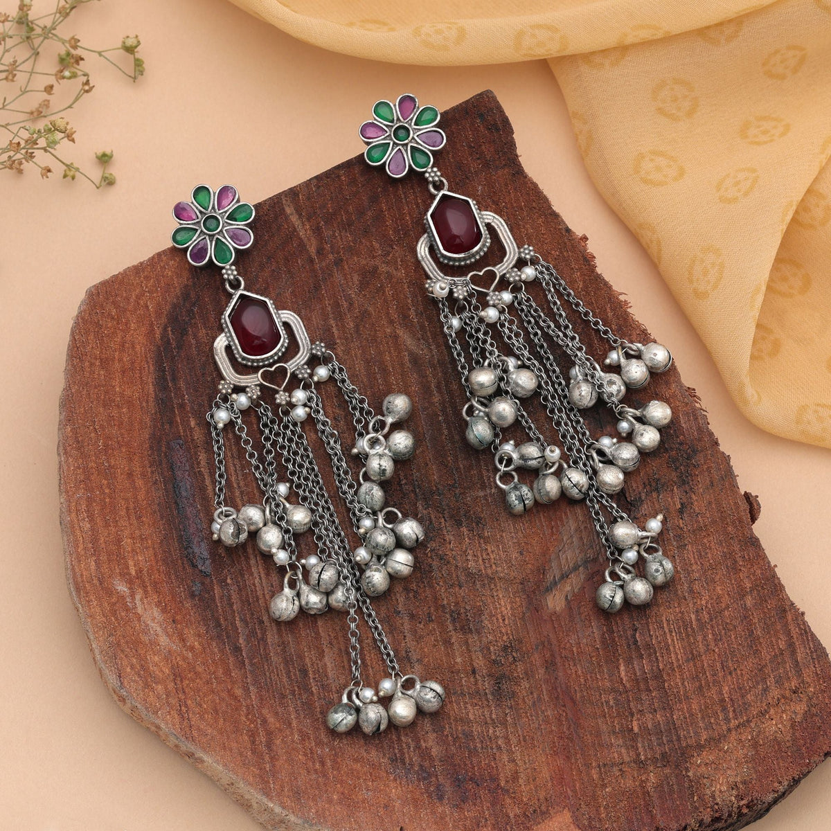 Multi Color Silver Plated Oxidised Dangle Earrings