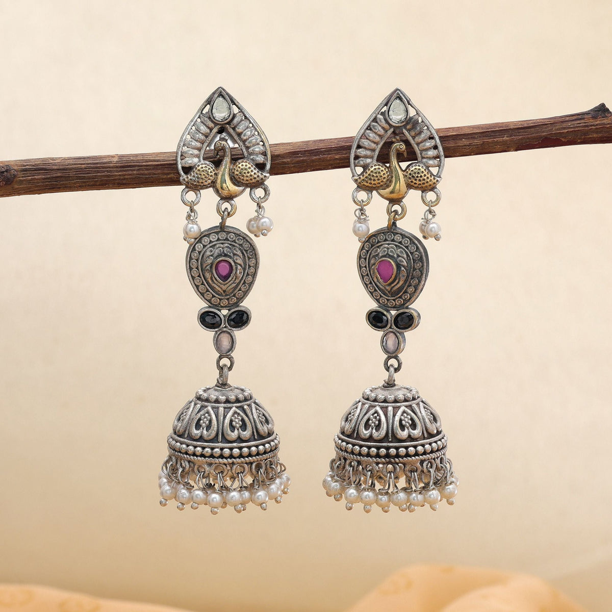 Multi Color Dual Tone Oxidised Jhumka Earrings