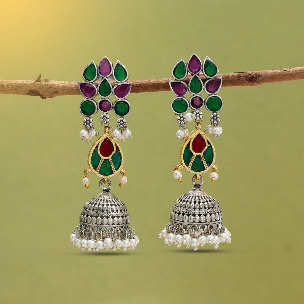 Multi Color Dual Tone Oxidised Jhumka Earrings